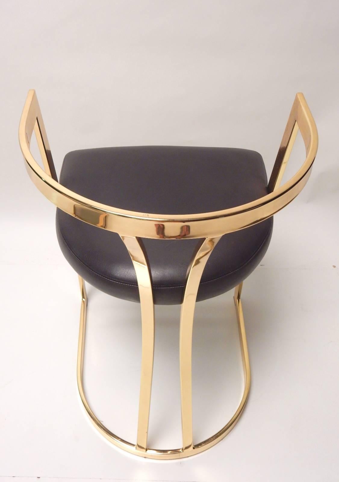 Mid-Century Modern 1970s Sculptural Brass and Black Leather Bar Counter Stools, Set of Three