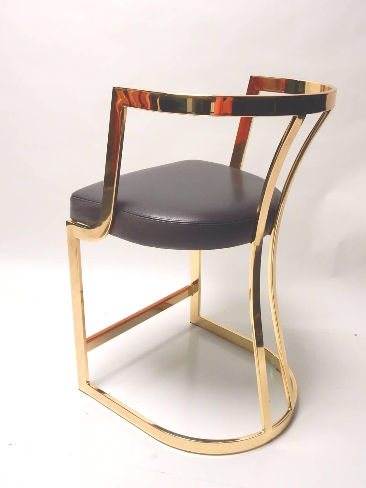Plated 1970s Sculptural Brass and Black Leather Bar Counter Stools, Set of Three