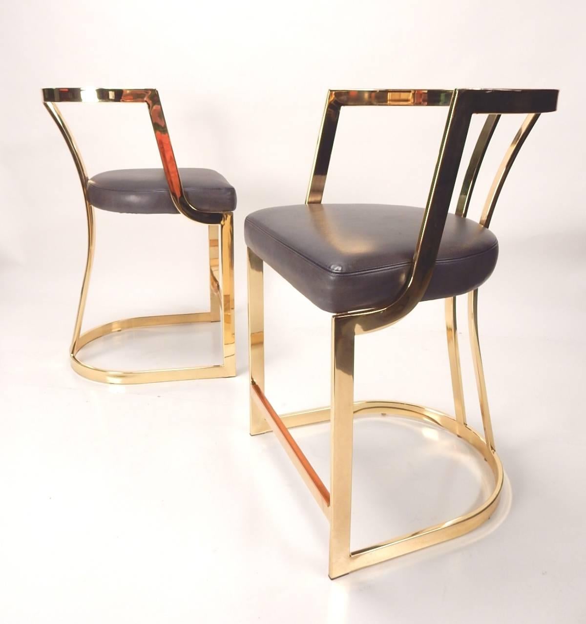 1970s Sculptural Brass and Black Leather Bar Counter Stools, Set of Three In Good Condition In Las Vegas, NV