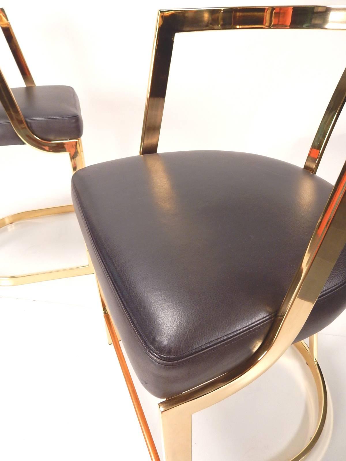 Late 20th Century 1970s Sculptural Brass and Black Leather Bar Counter Stools, Set of Three