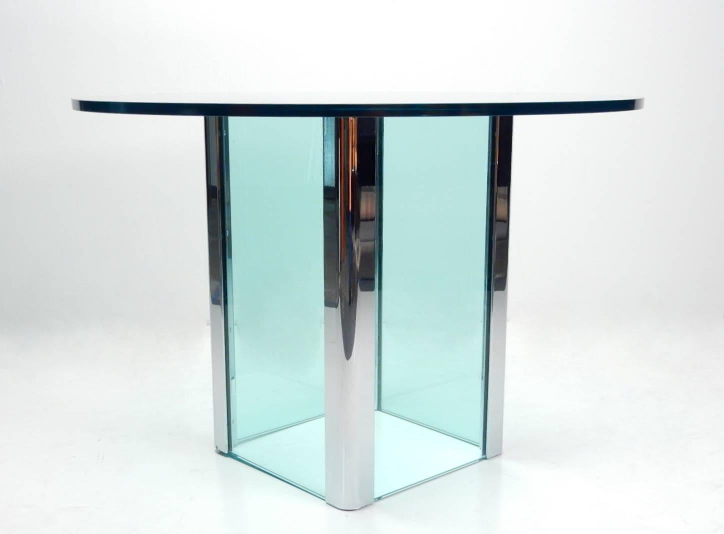 1970s Leon Rosen for Pace Glass and chrome foyer table.
Thick glass base sides with chromed steel corners.
Matching thick round glass top. Gorgeous agua tint.