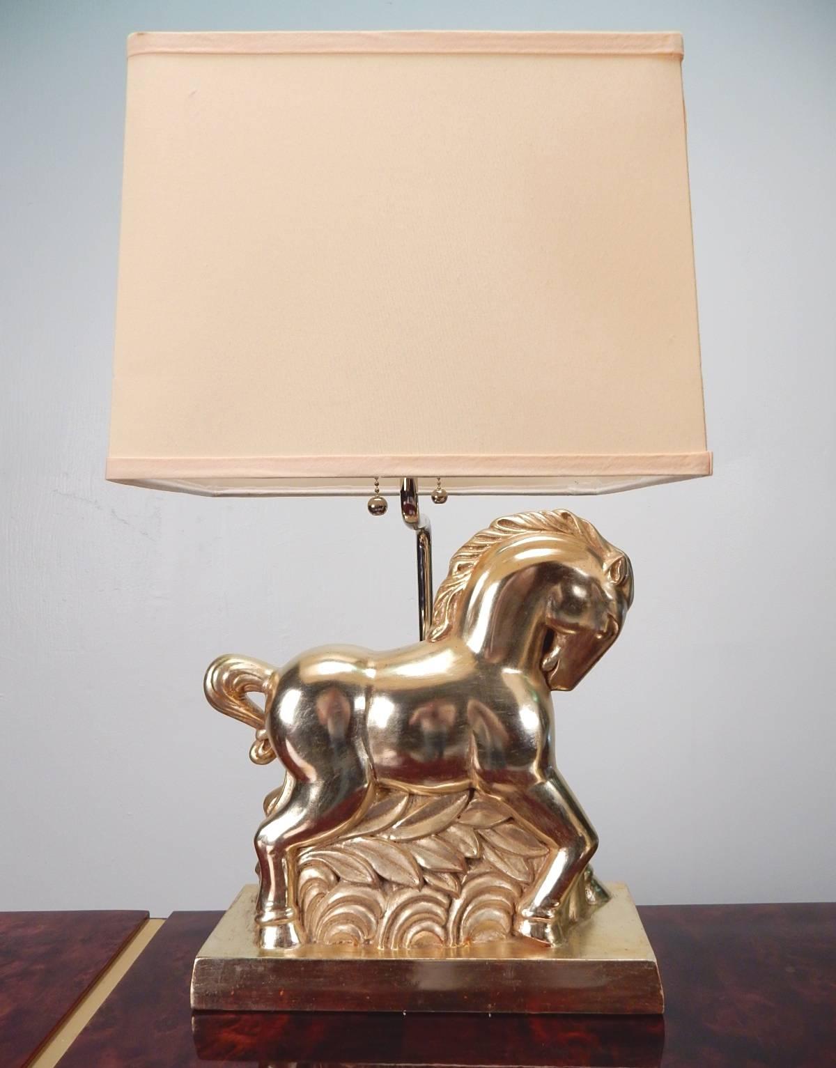 Wood Art Deco Polychromatic Etruscan Horse Table Lamp Pair