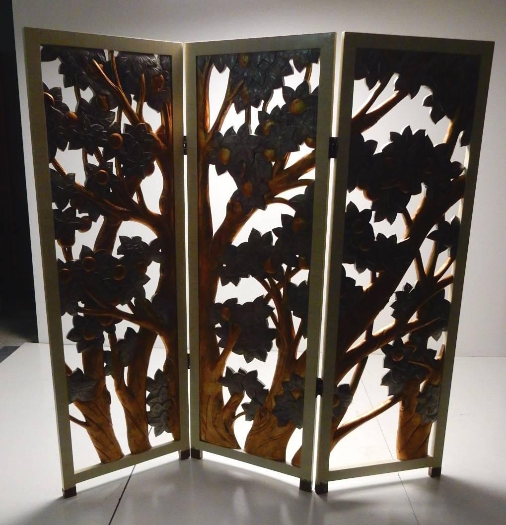 20th Century Art Nouveau Style Gold-Silver Leaf Tree Relief Room Divider Screen