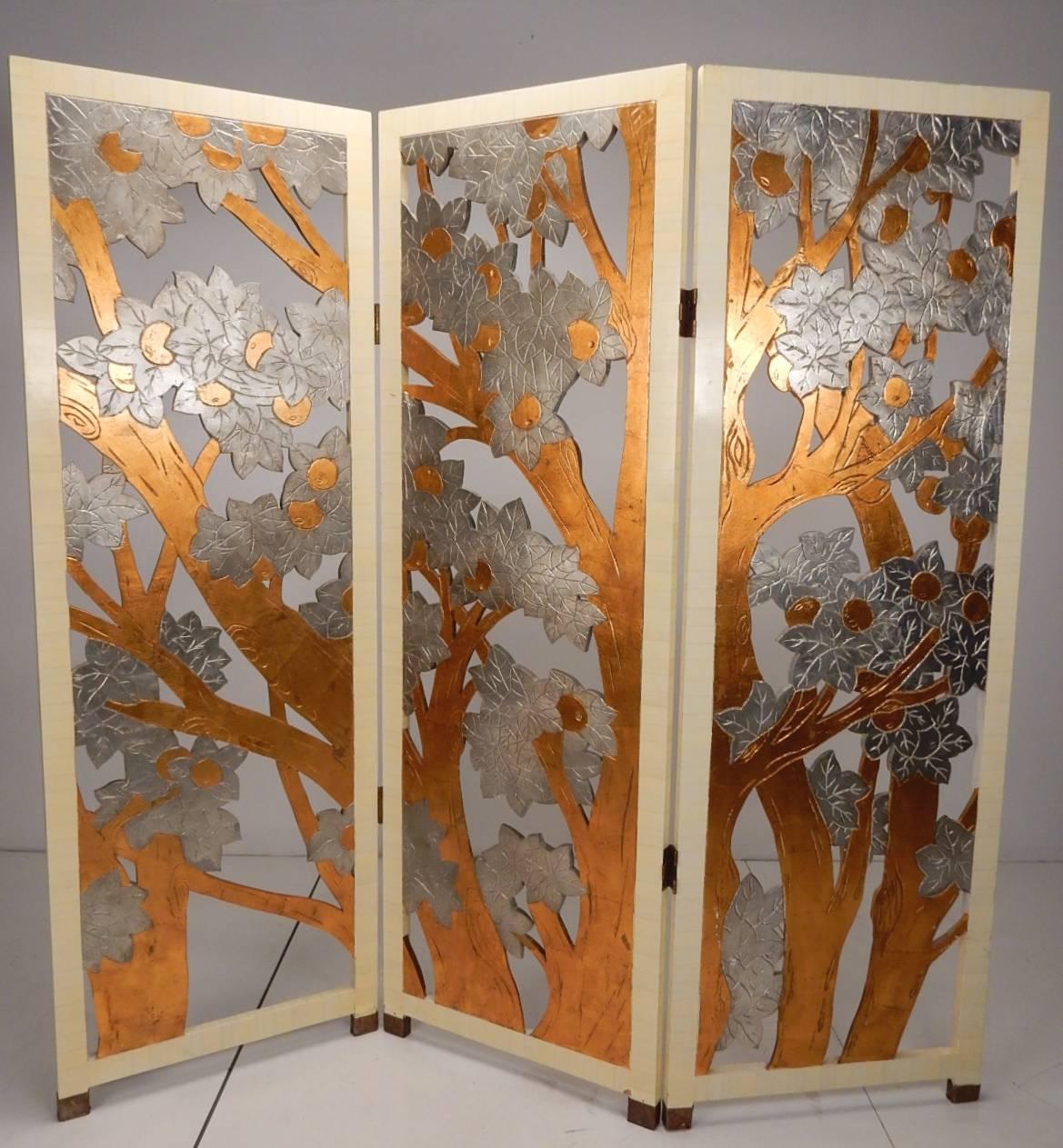 Wood Art Nouveau Style Gold-Silver Leaf Tree Relief Room Divider Screen