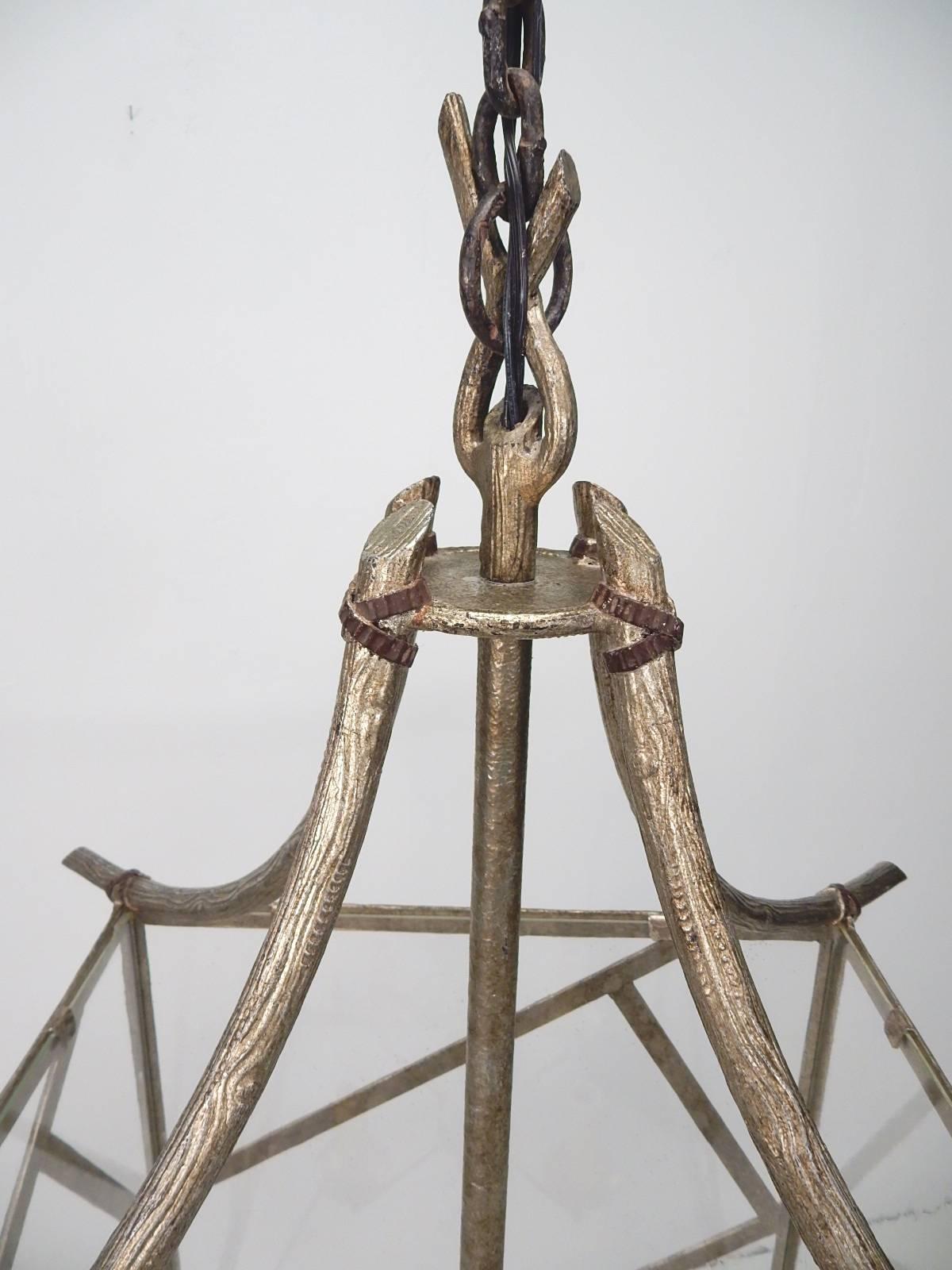 Faux Bois Twig Brass and Glass Pagoda Chandelier in the Les Lananne style In Good Condition In Las Vegas, NV