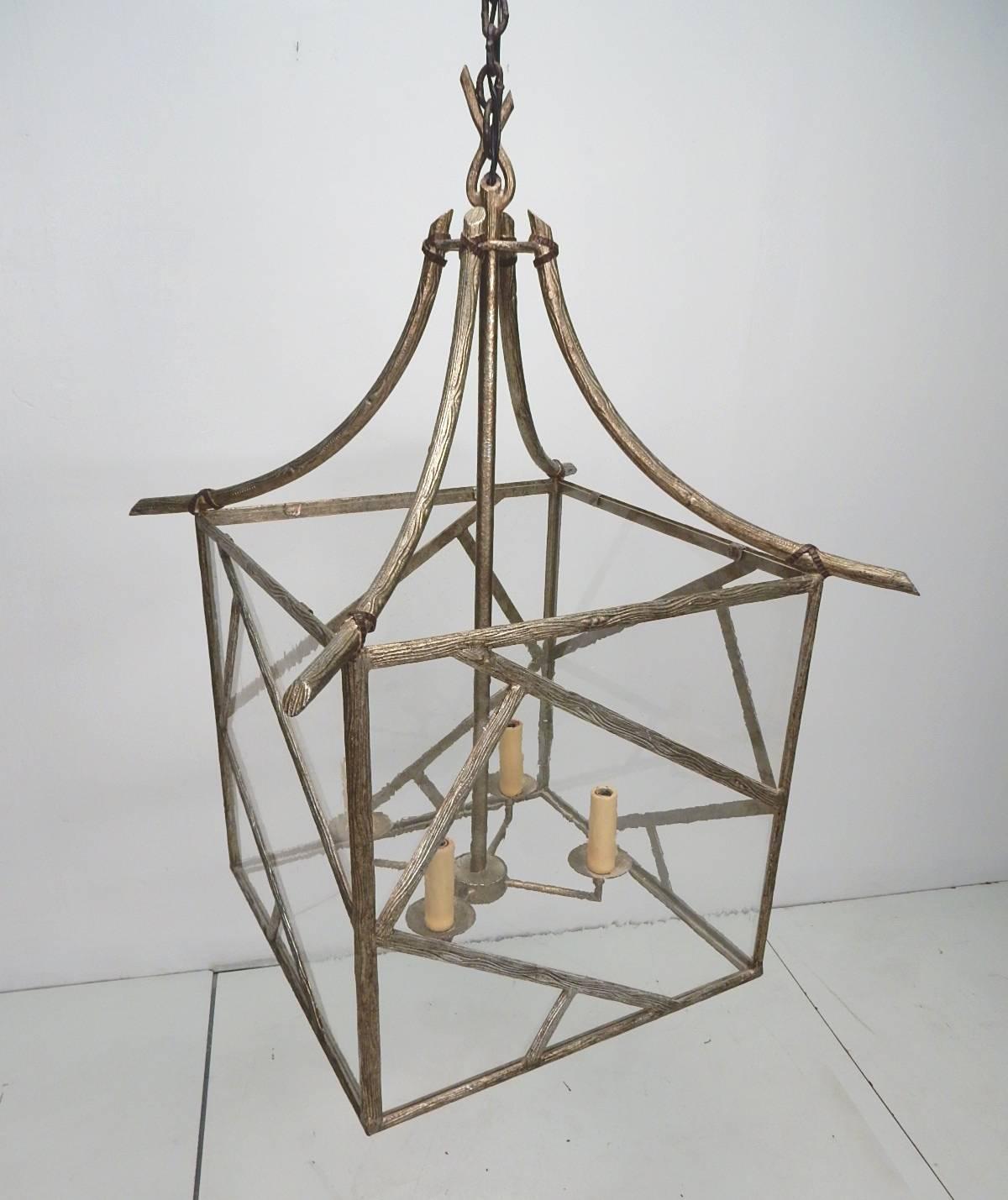 Faux Bois Twig Brass and Glass Pagoda Chandelier in the Les Lananne style 2
