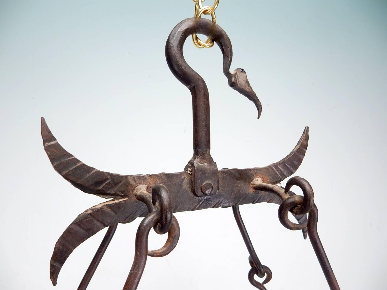Mid-20th Century Gothic Medieval Wrought Iron Dragon Crémaillère Chandelier