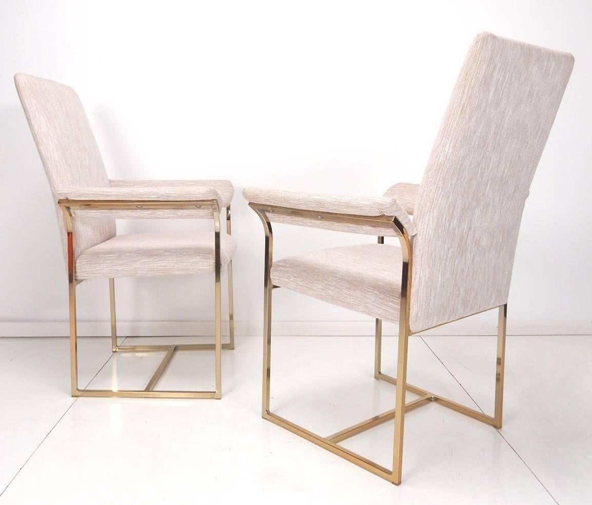 Hollywood Regency Architectural Brass Dining Chairs in the Style of Milo Baughman, Set of Six