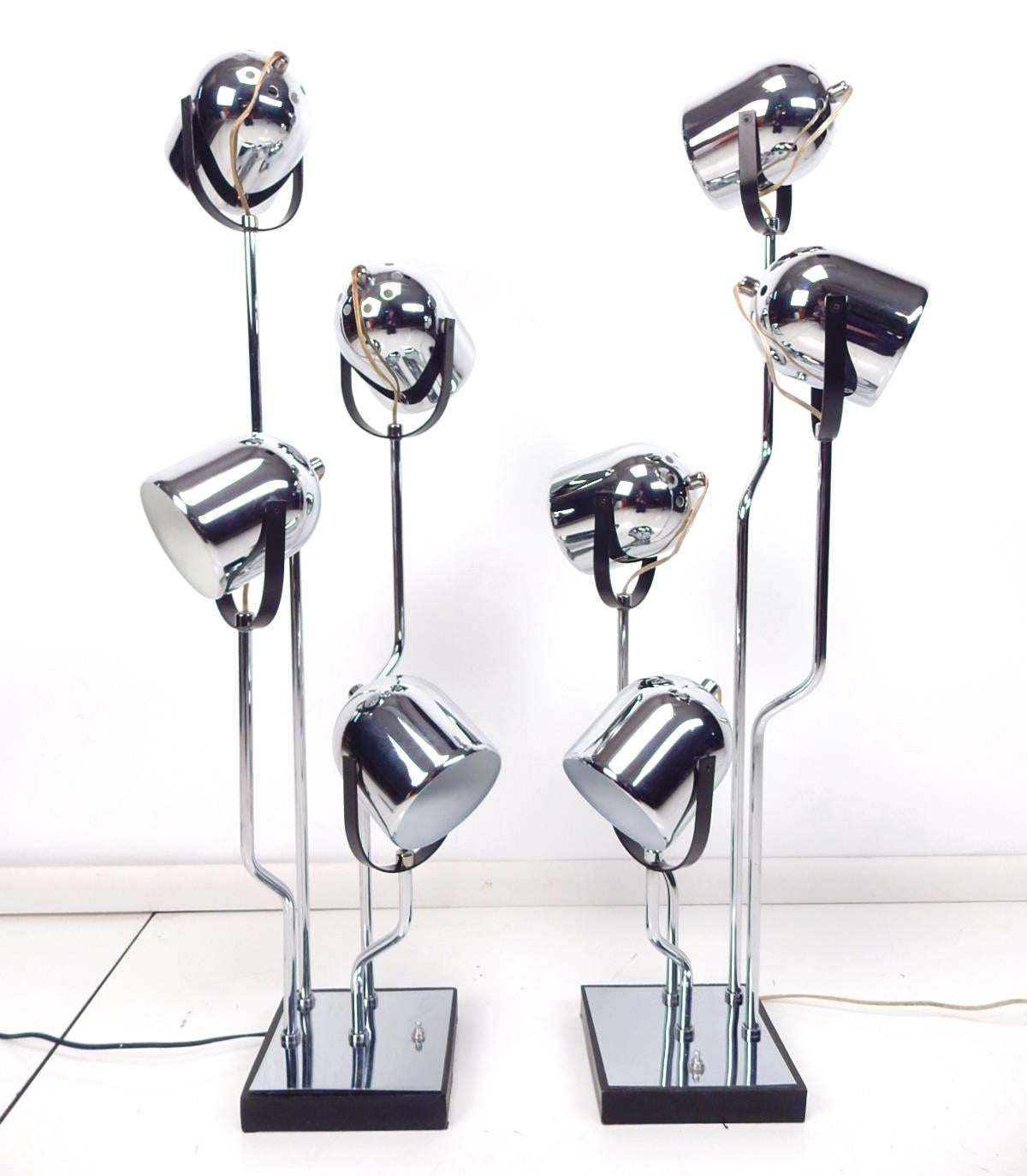Pair of 1970s four level spotlight lamps by Clover Lamp CO. in style of Goffredo Reggiani of Italy.
Three-way switch on base. Shades adjust in every direction. Heavy well constructed and quality lamps.
 