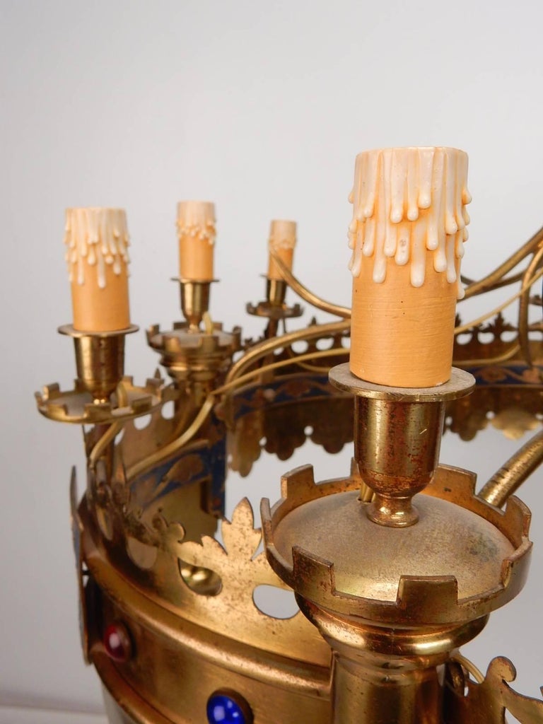 Early 20th Century Gold Jeweled Crown Electrified Candelabra Chandelier