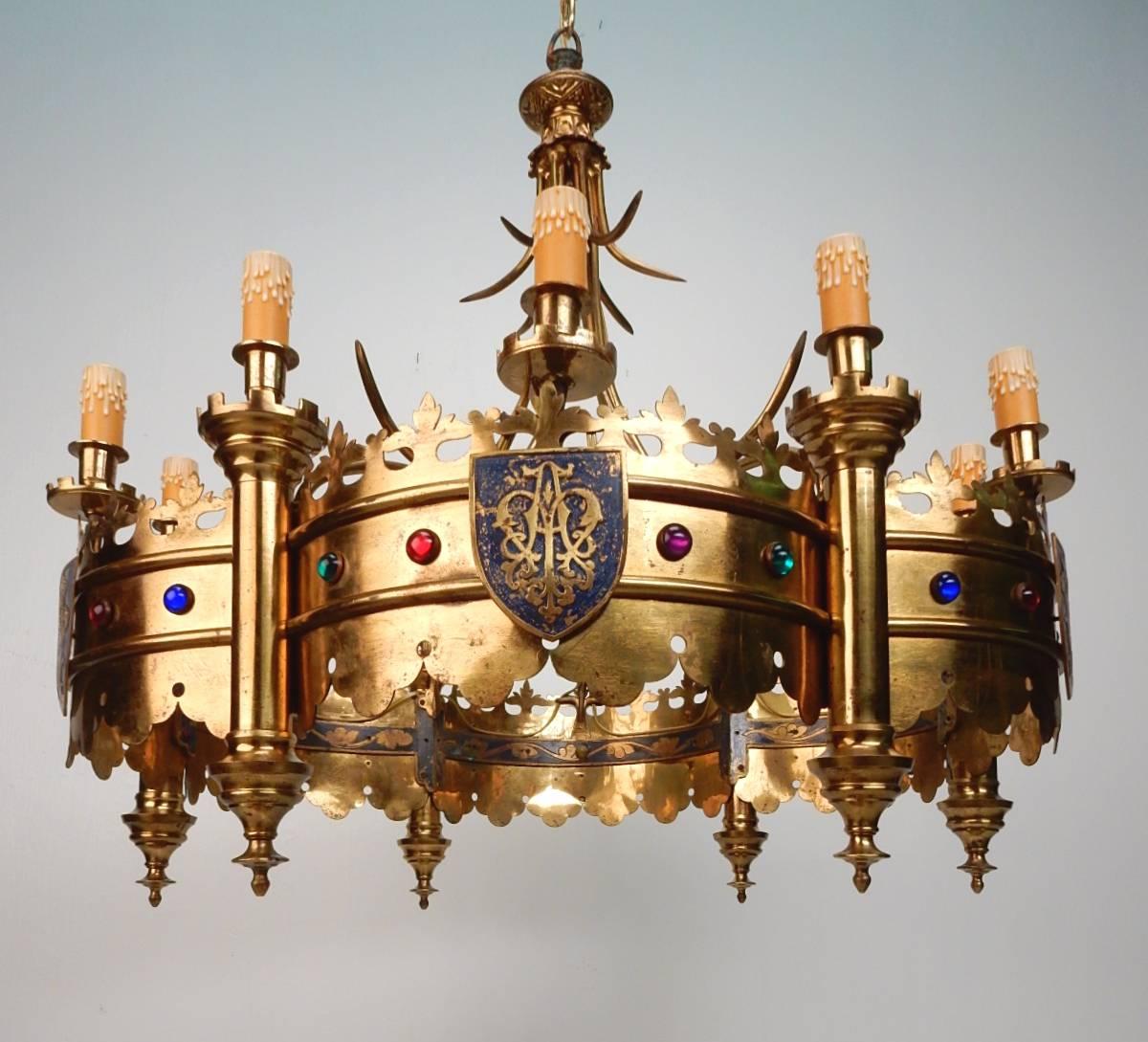 Gothic Early 20th Century Gold Jeweled Crown Electrified Candelabra Chandelier, France
