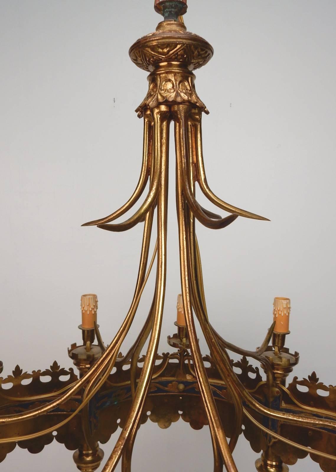 Early 20th Century Gold Jeweled Crown Electrified Candelabra Chandelier, France In Good Condition In Las Vegas, NV
