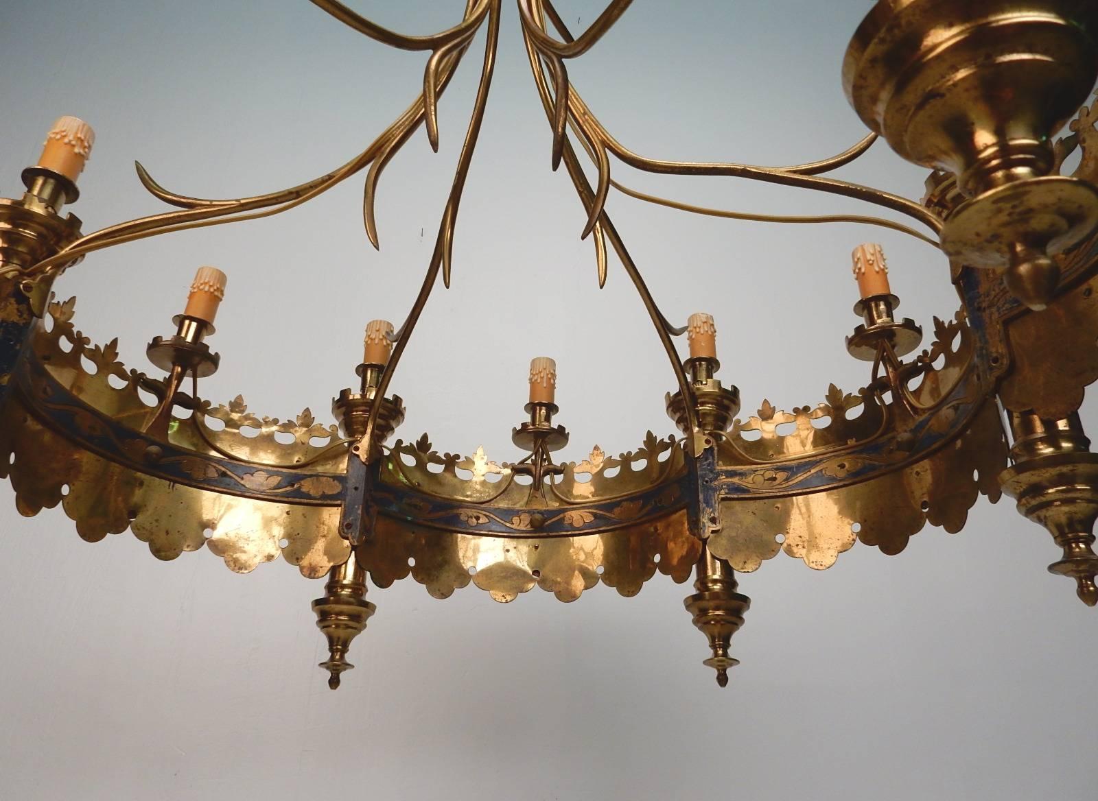 Early 20th Century Gold Jeweled Crown Electrified Candelabra Chandelier, France 1