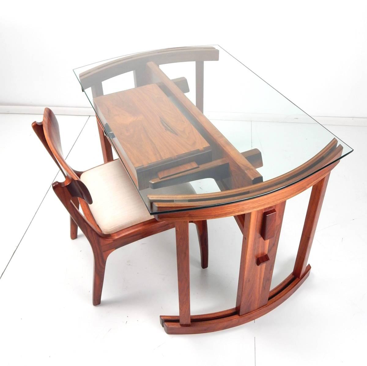 Magnificent custom hardwood desk and chair by furniture sculptor Randy Baber of Laguna Beach California.
Single drawer with form fitted glass top.
Amazing craftsmanship in every detail makes this an heirloom piece of functional art. 
Both pieces
