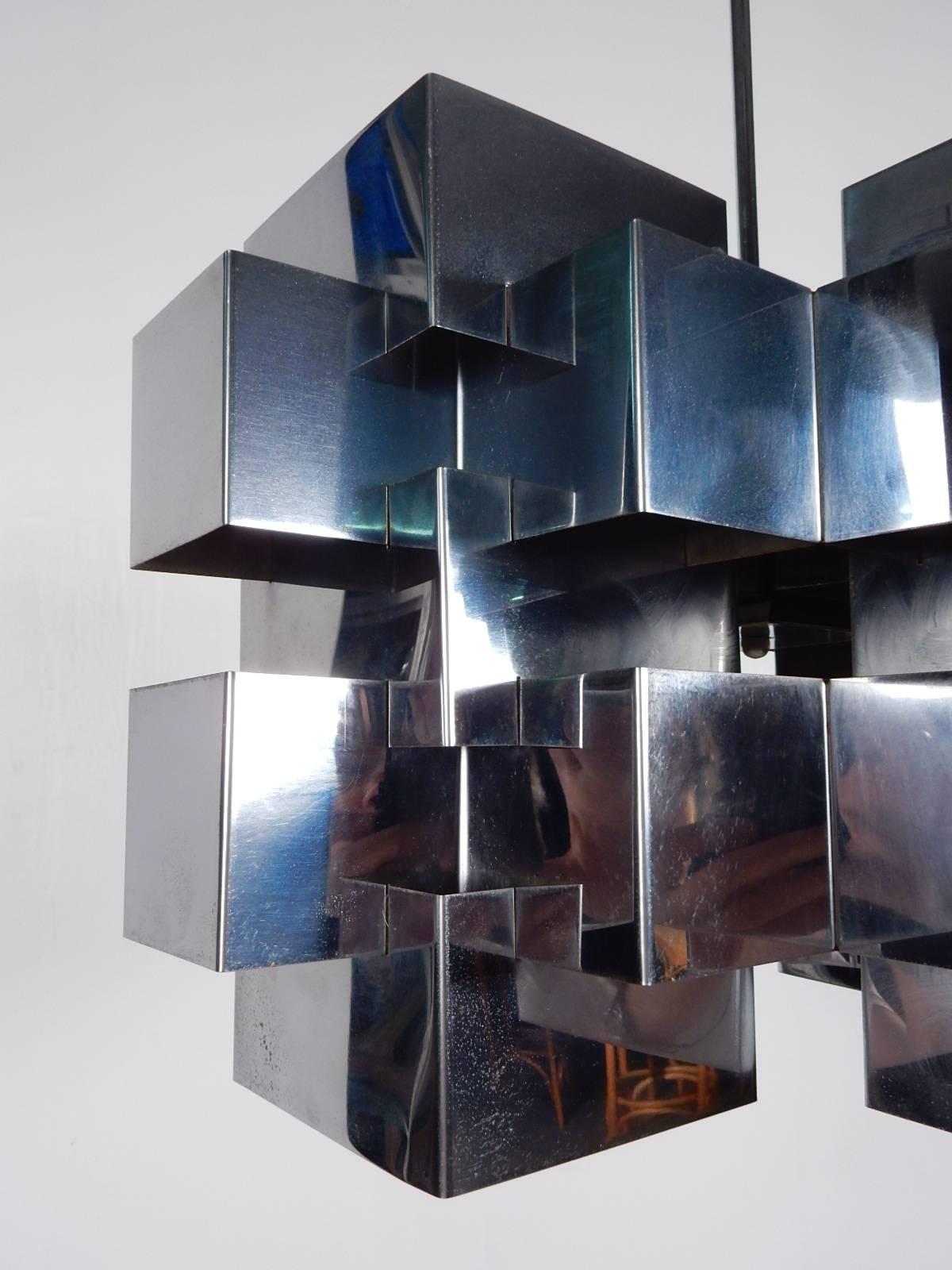 Midcentury Stainless Steel Curtis Jere Cubist Chandelier Dated 1975 In Good Condition In Las Vegas, NV