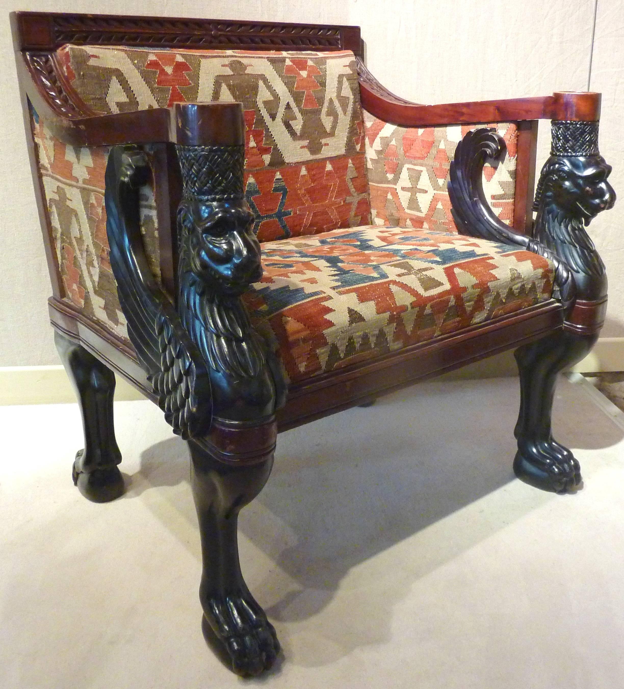 European Pair of Egyptian Revival Comfortable Armchairs with Antique Anatolian Kilim