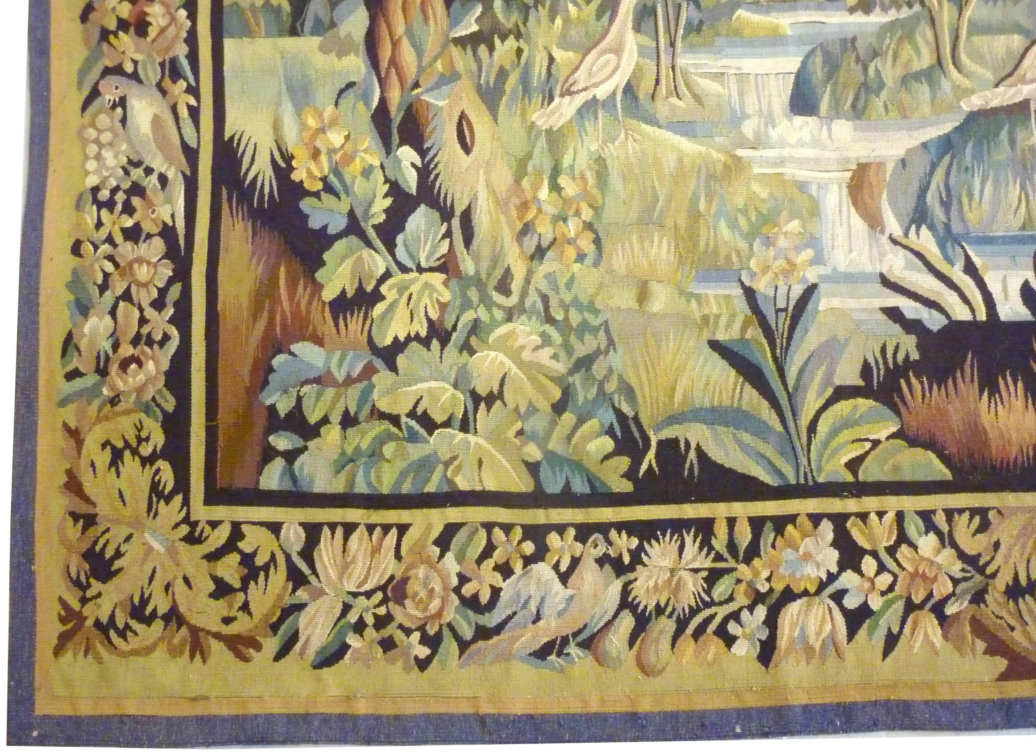 Handwoven tapestry of wool and silk. The French factory of Aubusson is known since the 16th century. It accomplished a progressive Expansion until its apogee during the reign of the Sun-King Louis XIV. In 1664 the King's minister Jean-Baptiste