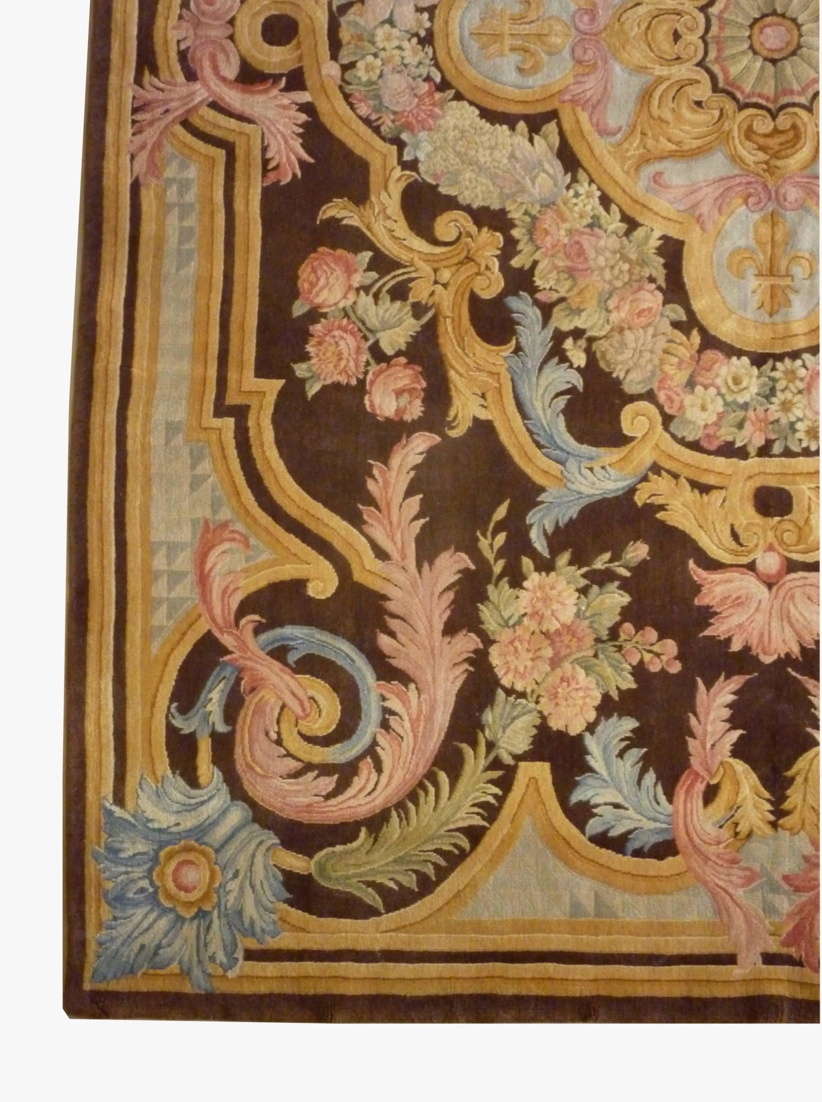 This prestigious knotted-pile carpet is synonymous with opulence and luxury. It has been hand-knotted on a vertical loom with a cotton warp and weft. The velvet is of wool with a symmetrical knot. 
It is exclusively conceived under French control.