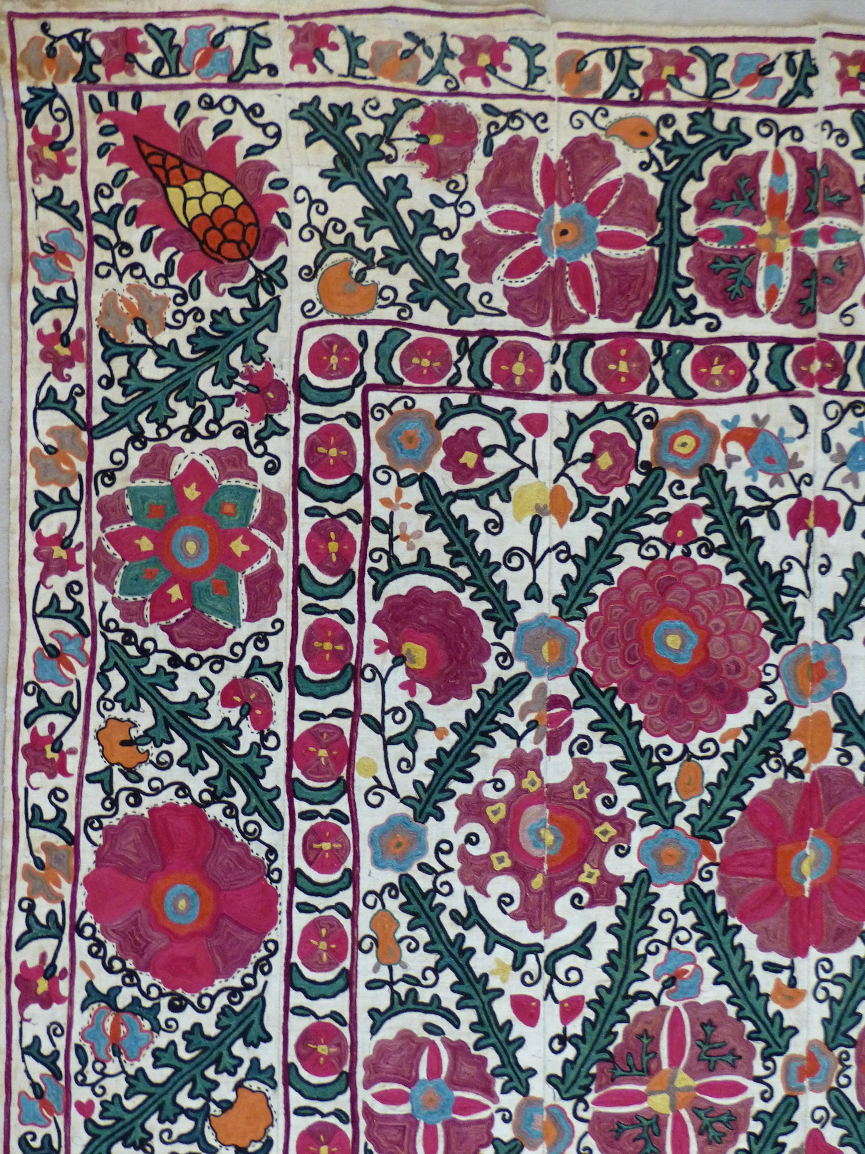 19th century Suzani embroidery. Decorative tribal textile made in Central Asia. The name Suzani is from the Persian 