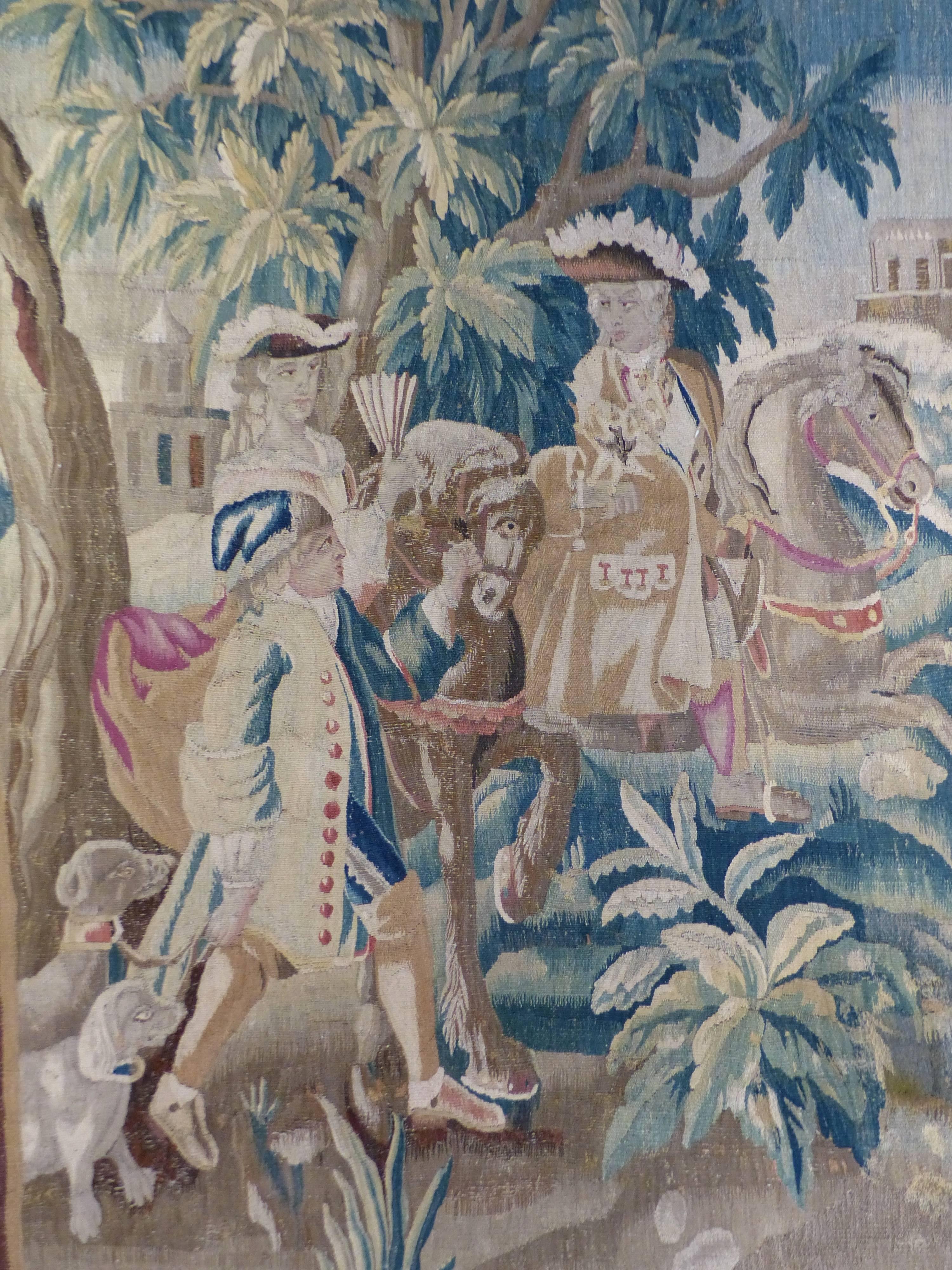 French Aubusson tapestry, handwoven silk and wool during the 18th century.
This tapestry depicts a hunting scene, 
It was executed on the occasion of the marriage of Jean-Frédéric Louis de Veynes du Prayet, Marquis of Veynes (left part of the