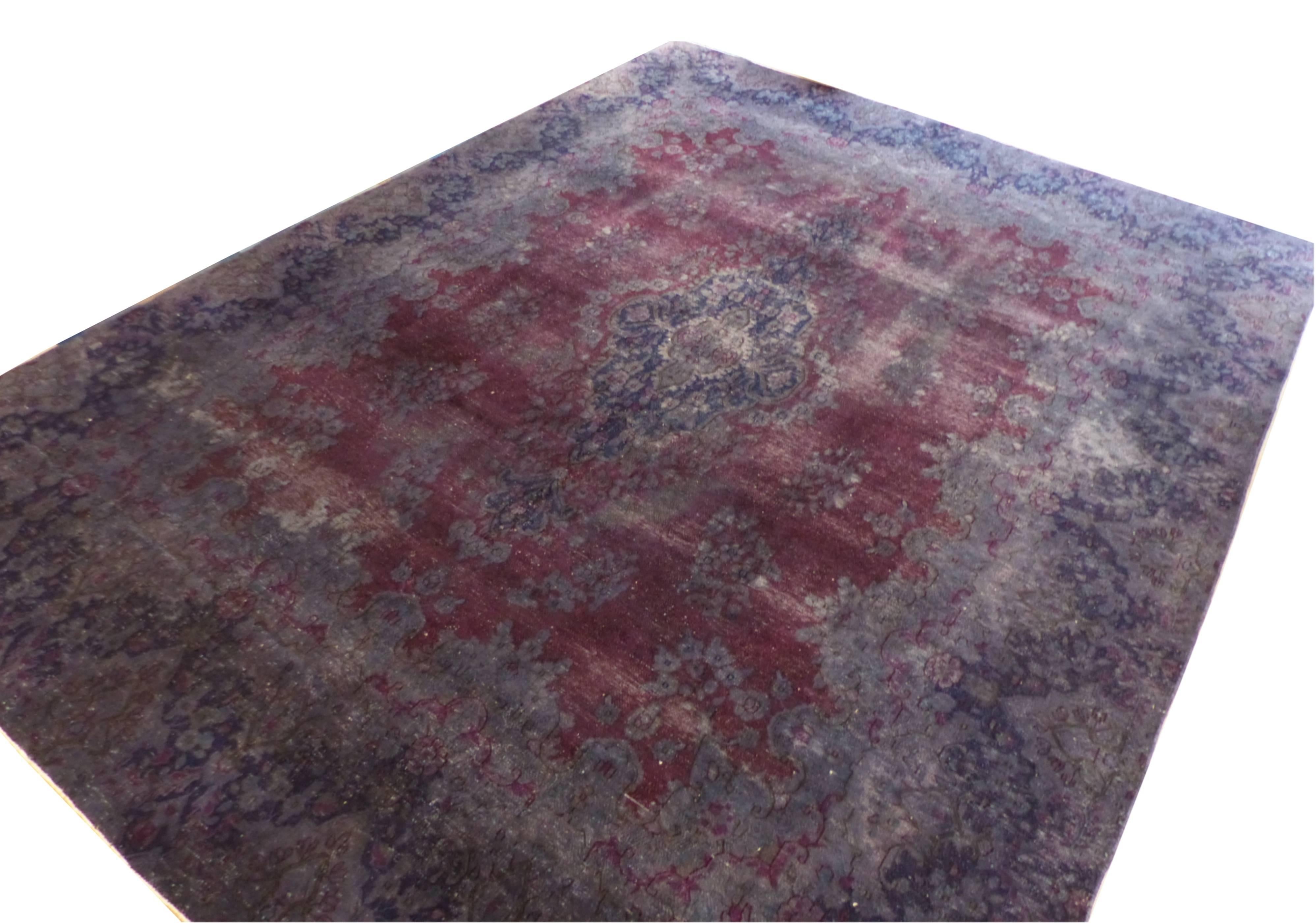 Oversized Redyed Grey-Blue Persian Rug from the 1970s In Distressed Condition In Lyon, FR