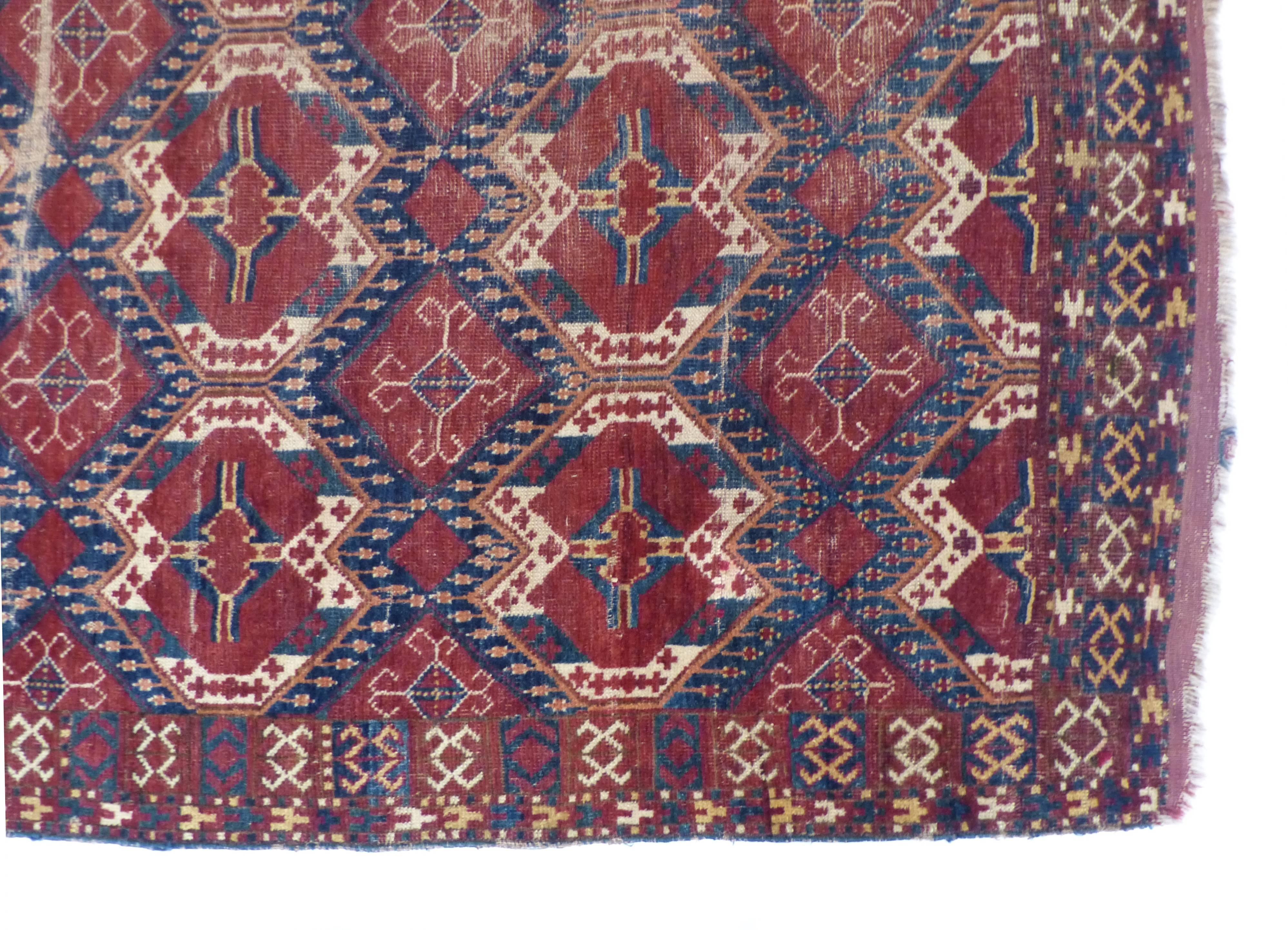 Large Antique Central Asian Rug Tribe Beshir In Distressed Condition For Sale In Lyon, FR