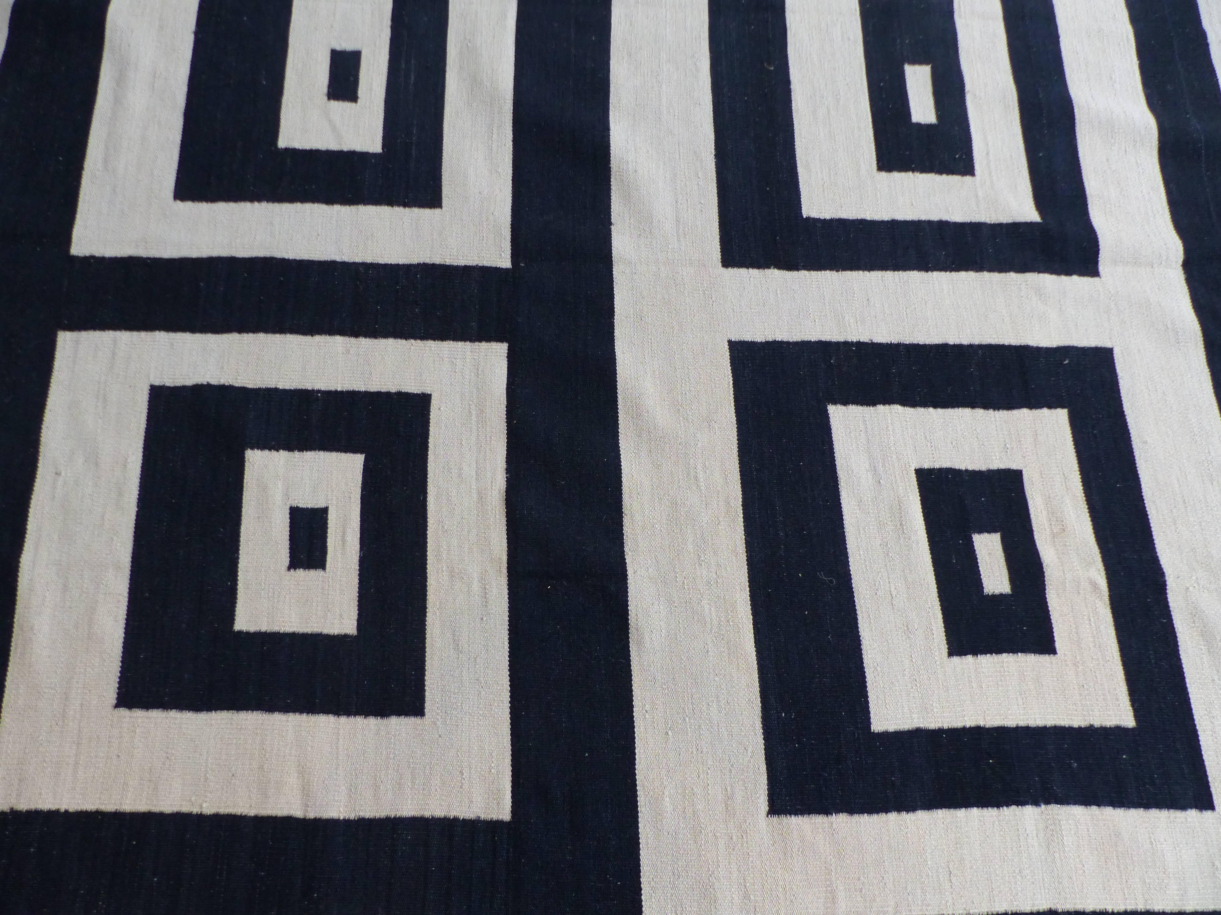 Wool Large Black and White Handwoven Kilim Modern Design For Sale