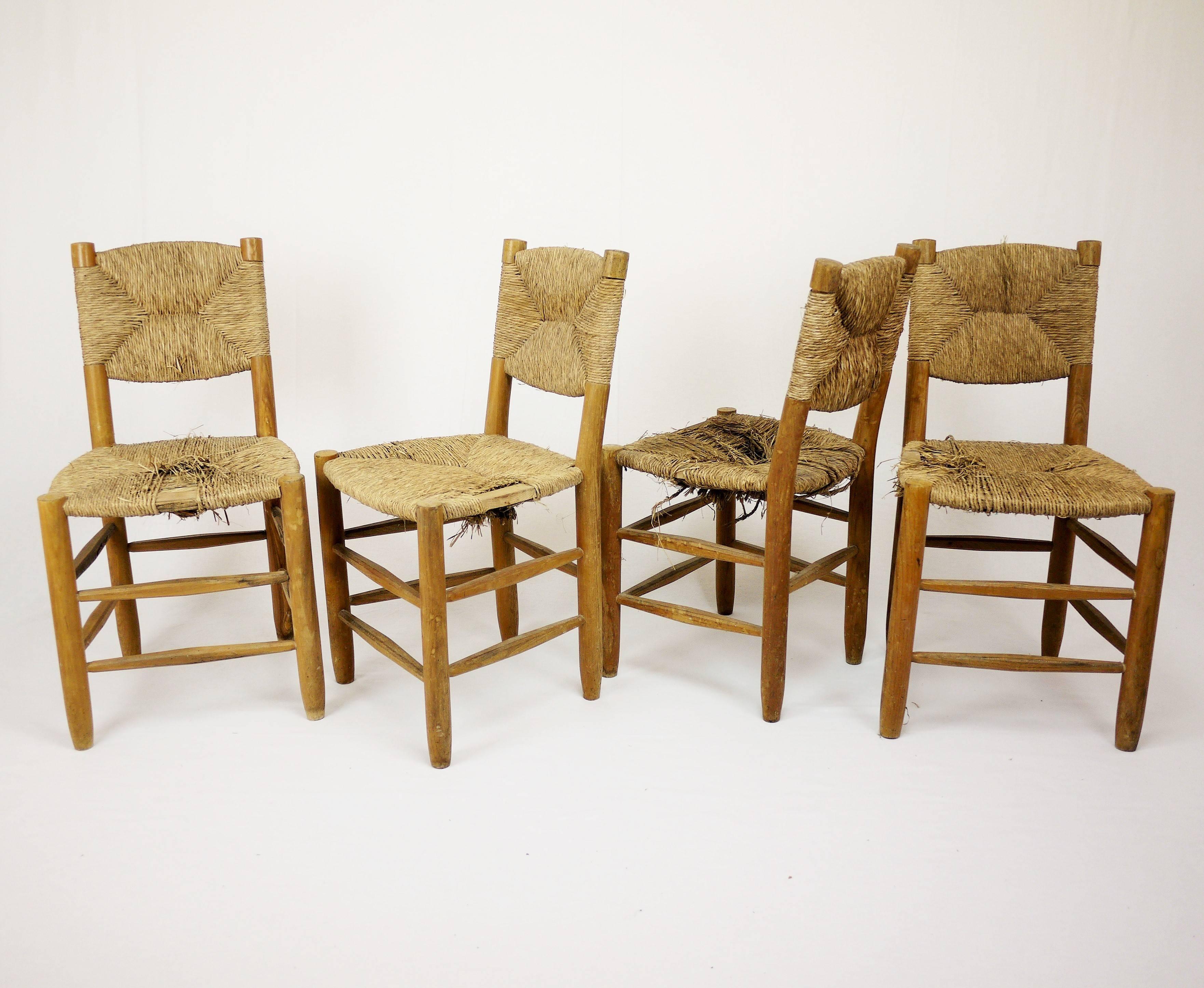 Set of four rush chairs, model 19 edited by George Blanchon for BCB in 1951. Ash structure, original rush to restore. 
(Rush restoration job can be done in France for 1500 extra euros).