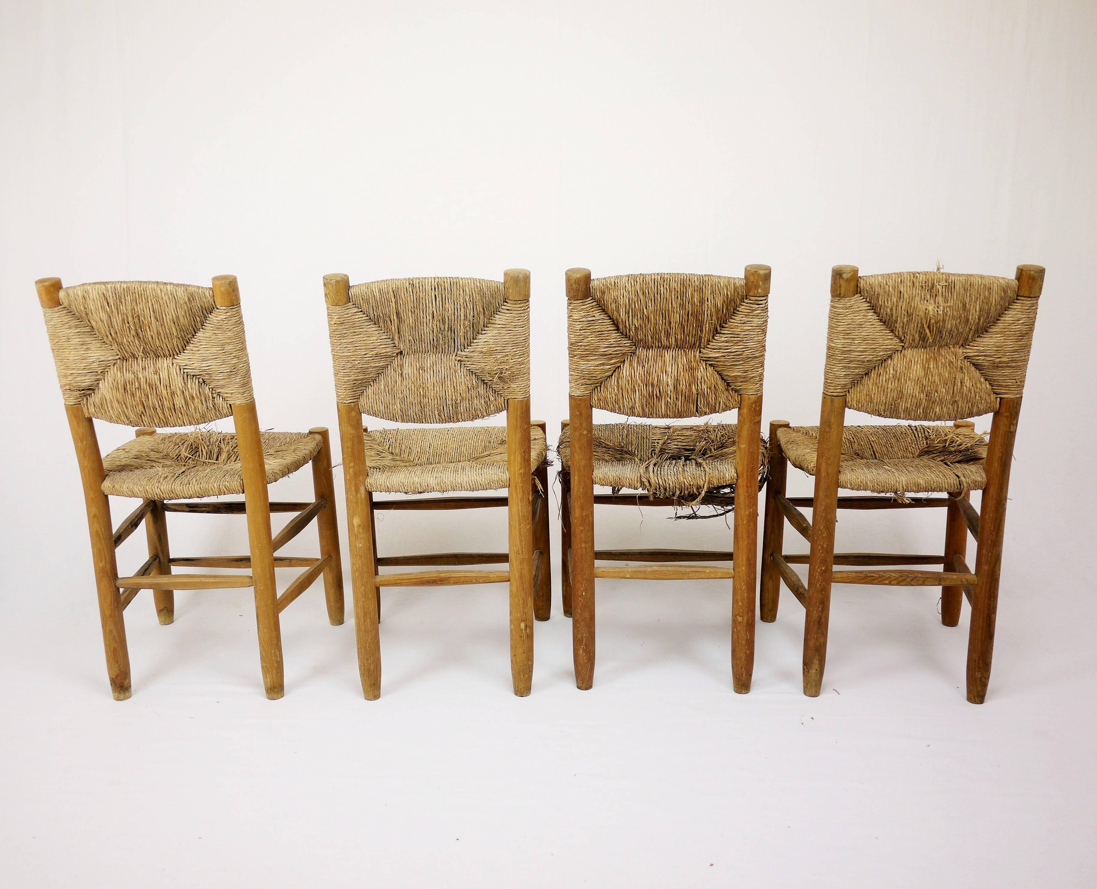 Mid-Century Modern Set of Four Rush Chairs by Charlotte Perriand For Sale