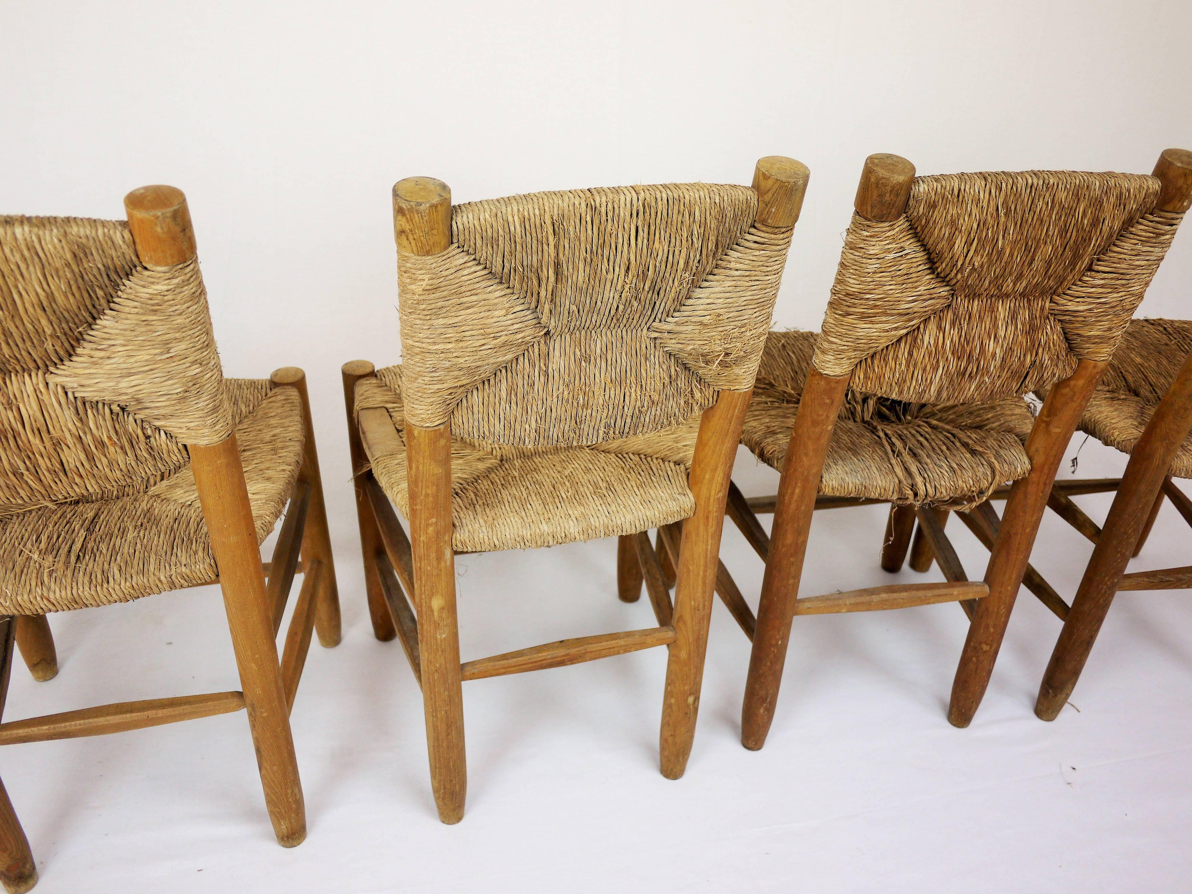 Ash Set of Four Rush Chairs by Charlotte Perriand For Sale