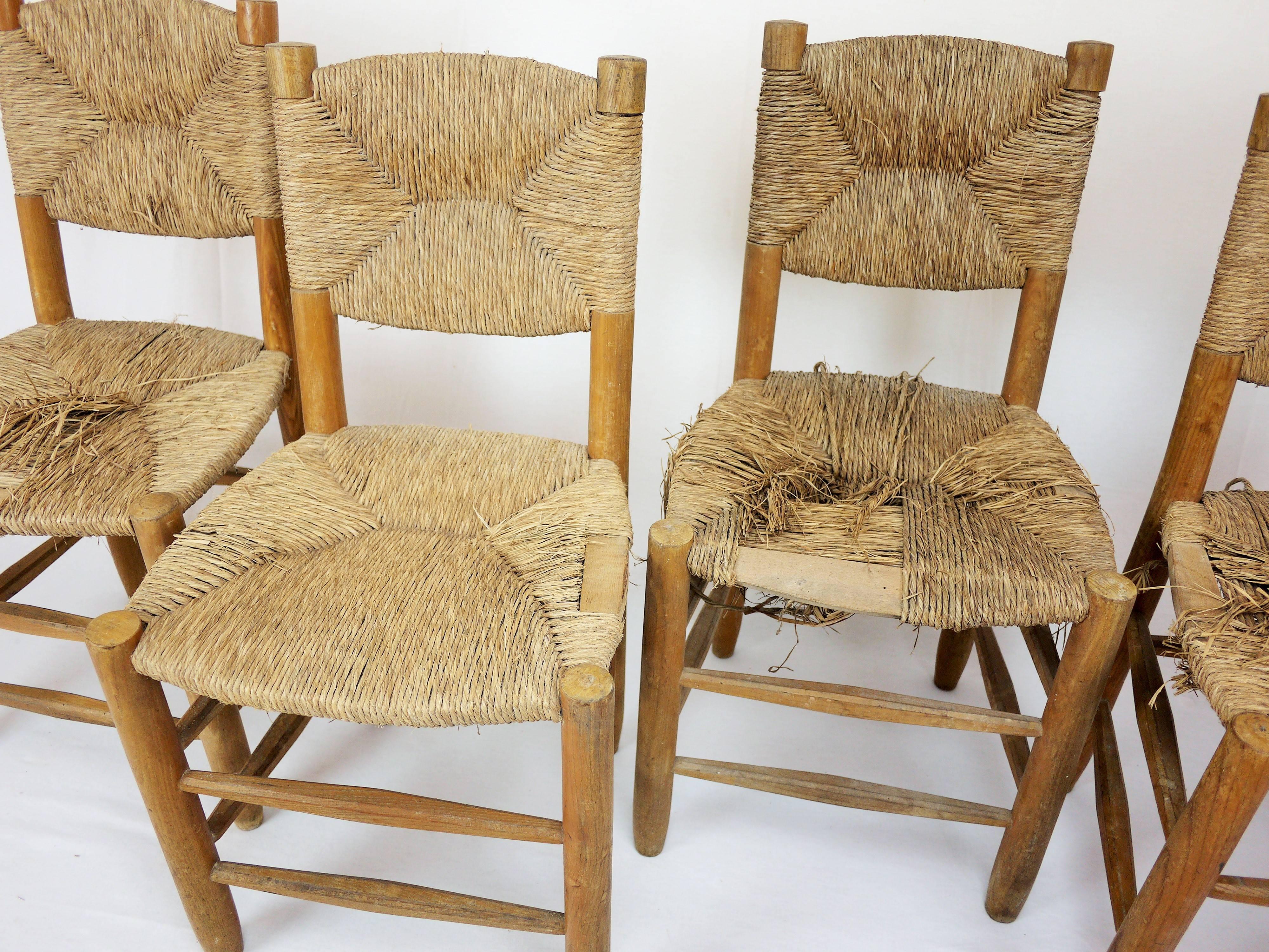 Set of Four Rush Chairs by Charlotte Perriand For Sale 1