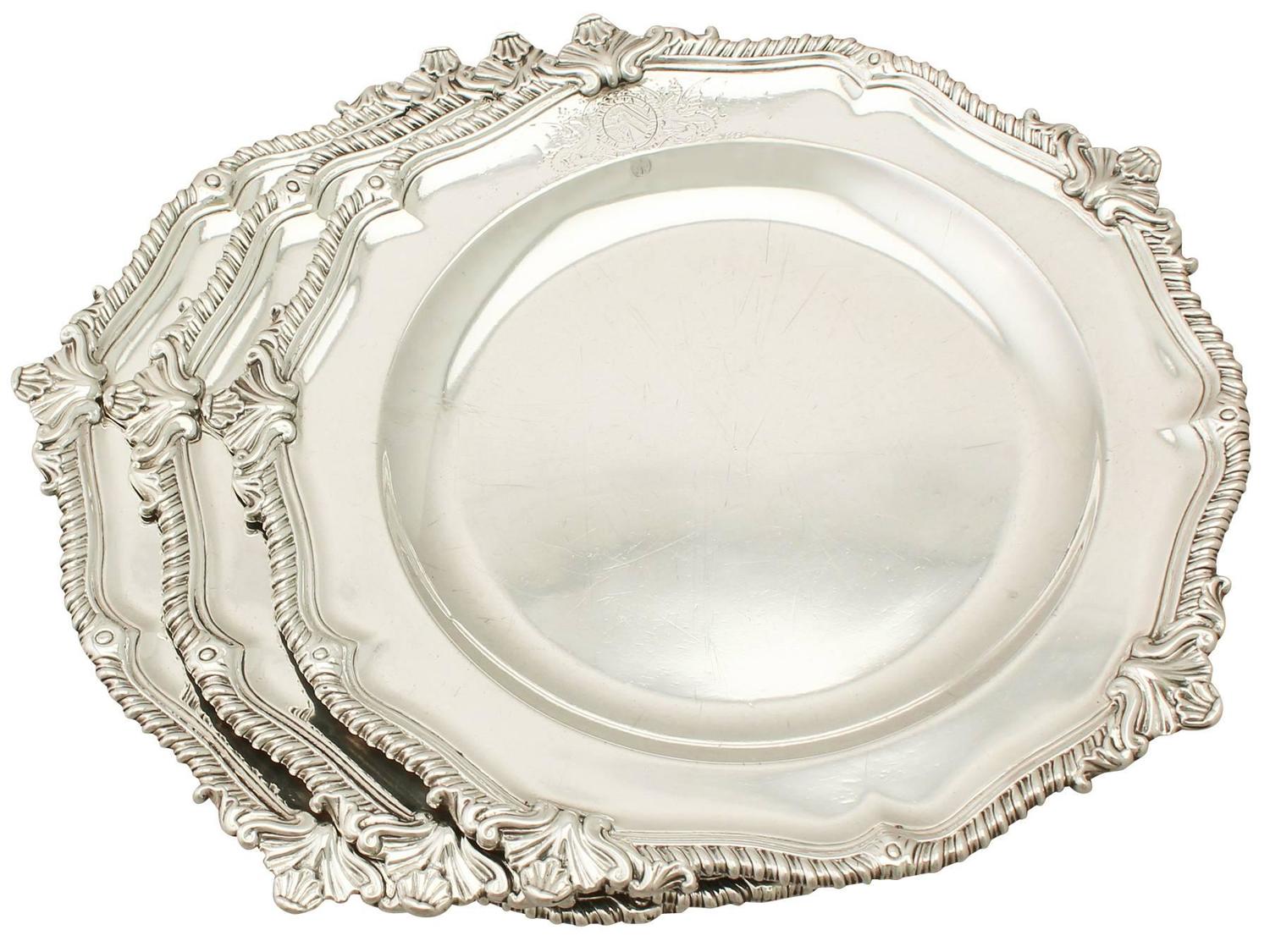1750s Antique II Set of Three Sterling Silver Dinner Plates For