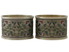 1880s Russian Silver Gilt and Polychrome Cloisonné Enamel Napkin Rings