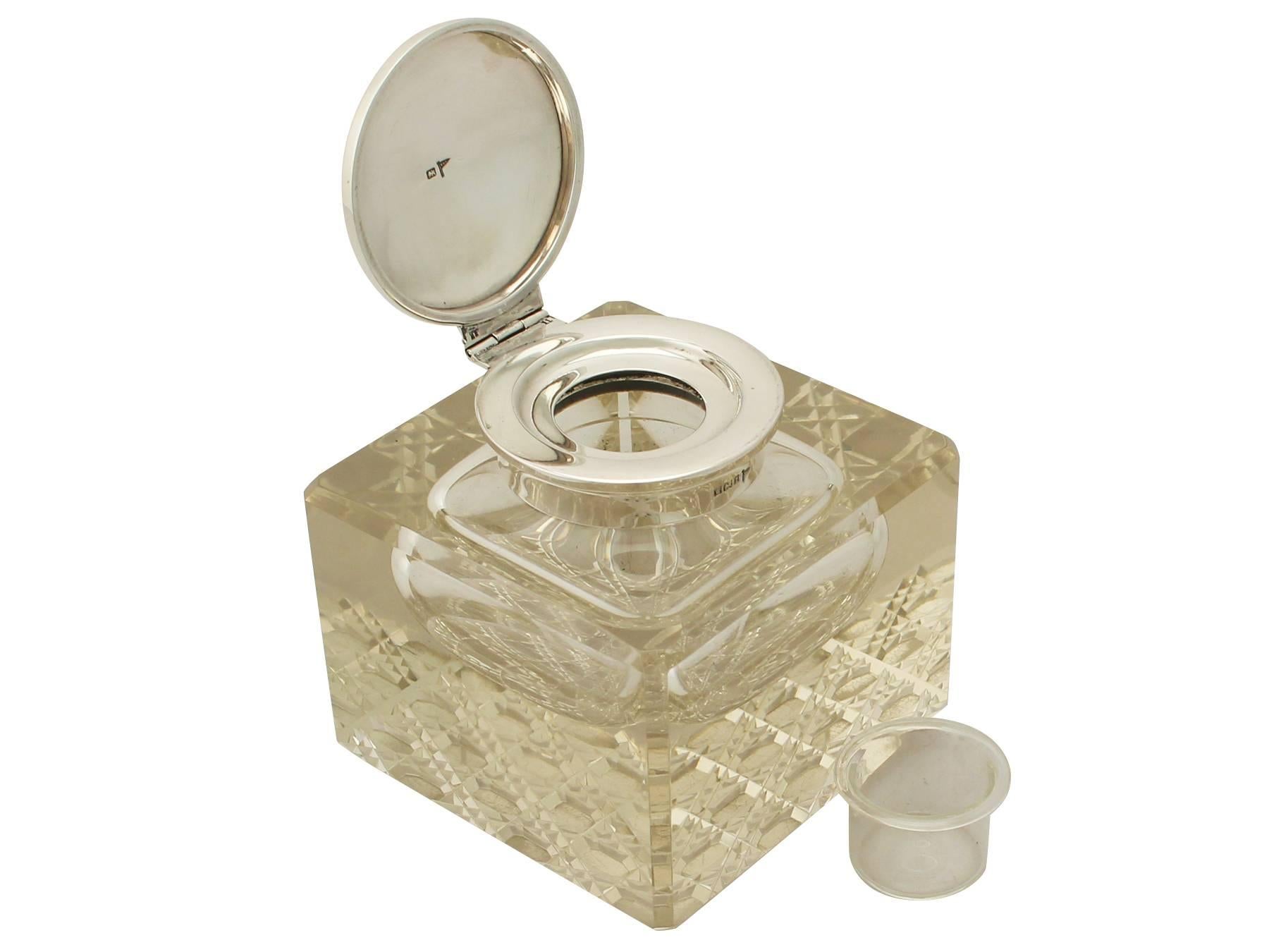 Early 20th Century Antique 1910s Champagne Colored Cut Glass and Sterling Silver Desk Inkwell