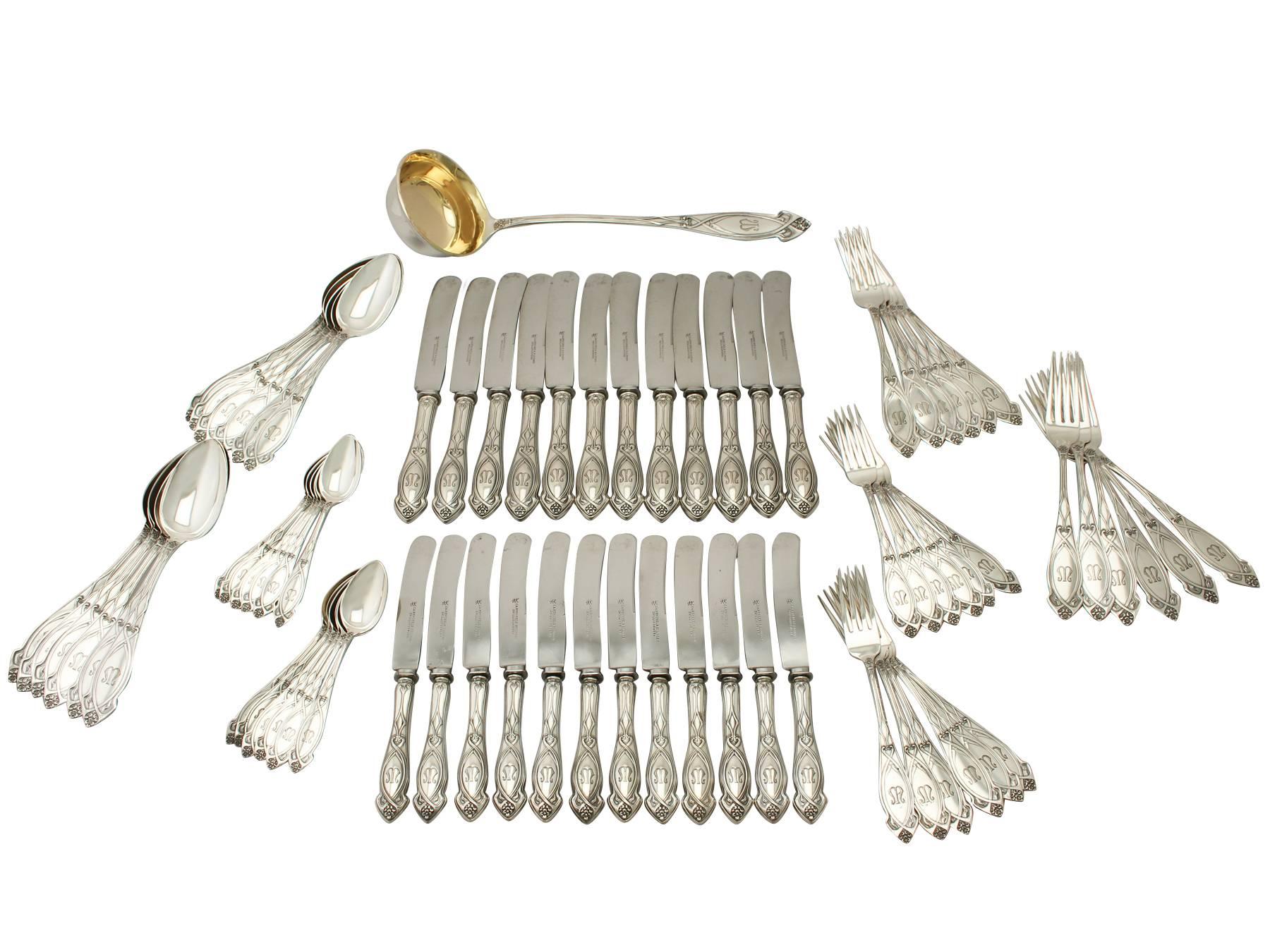 An exceptional, fine and impressive antique German silver flatware service for twelve persons; an addition to our canteen of cutlery collection.

The pieces of this exceptional, antique German cutlery canteen for 12 persons have a rounded form, in