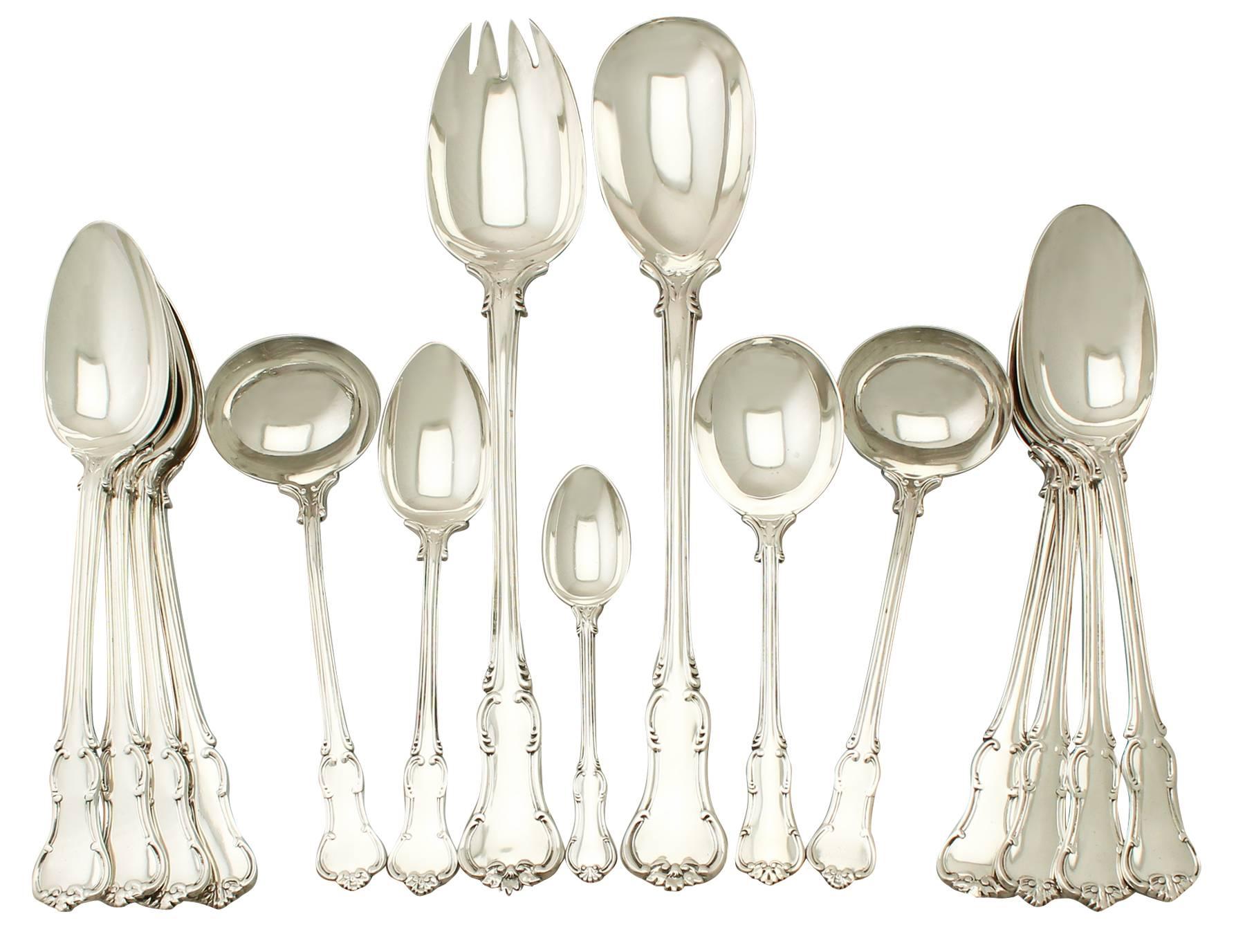 An exceptional, fine and impressive English sterling silver composite flatware service for twelve persons; an addition to our canteen of cutlery collection

The pieces of this exceptional sterling silver flatware service for twelve persons have