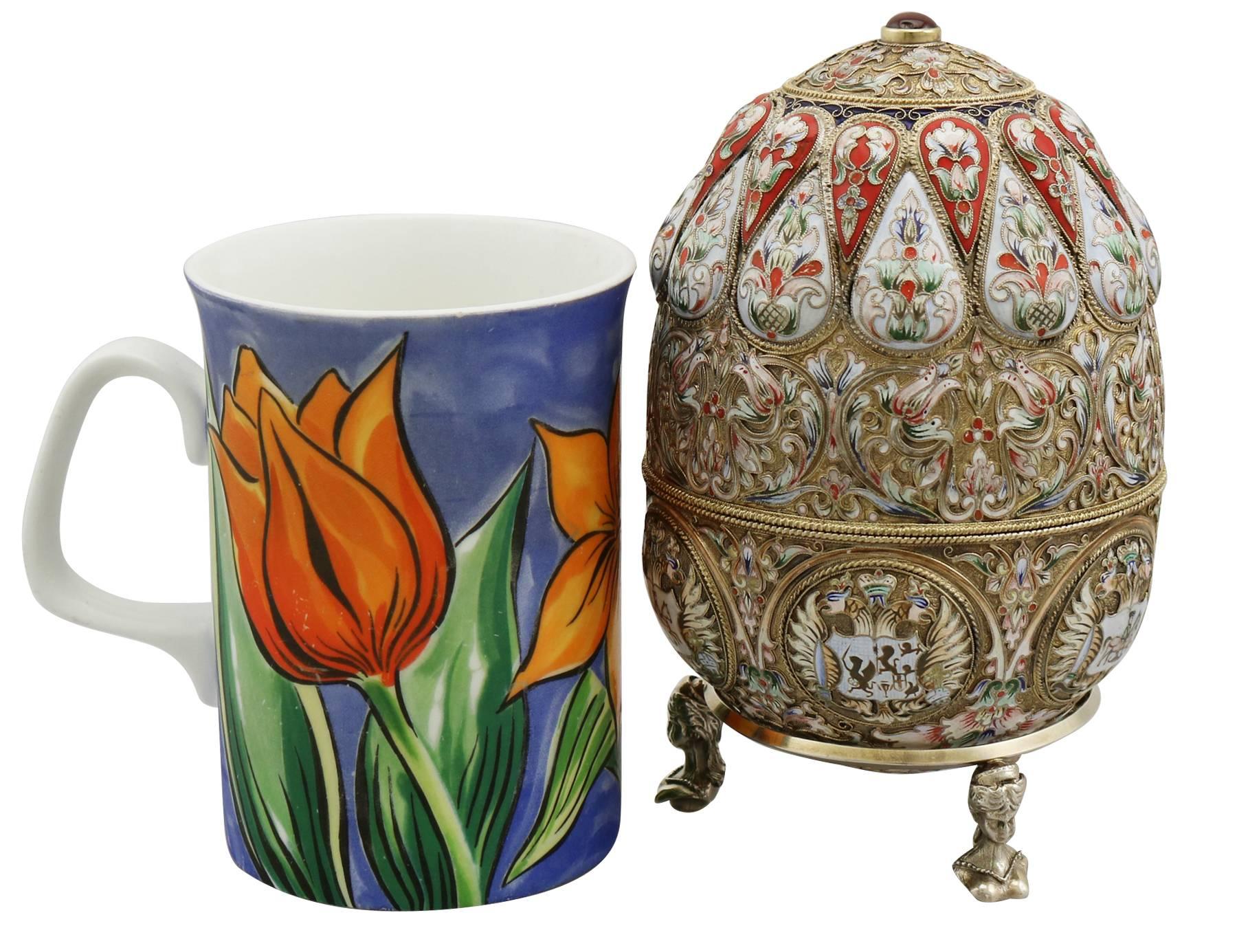An exceptional, fine and impressive antique Russian silver polychrome cloisonné enamel egg; an addition to our ornamental silverware collection

This exceptional antique Russian silver gilt box has an ovoid egg shaped form onto three figural bust