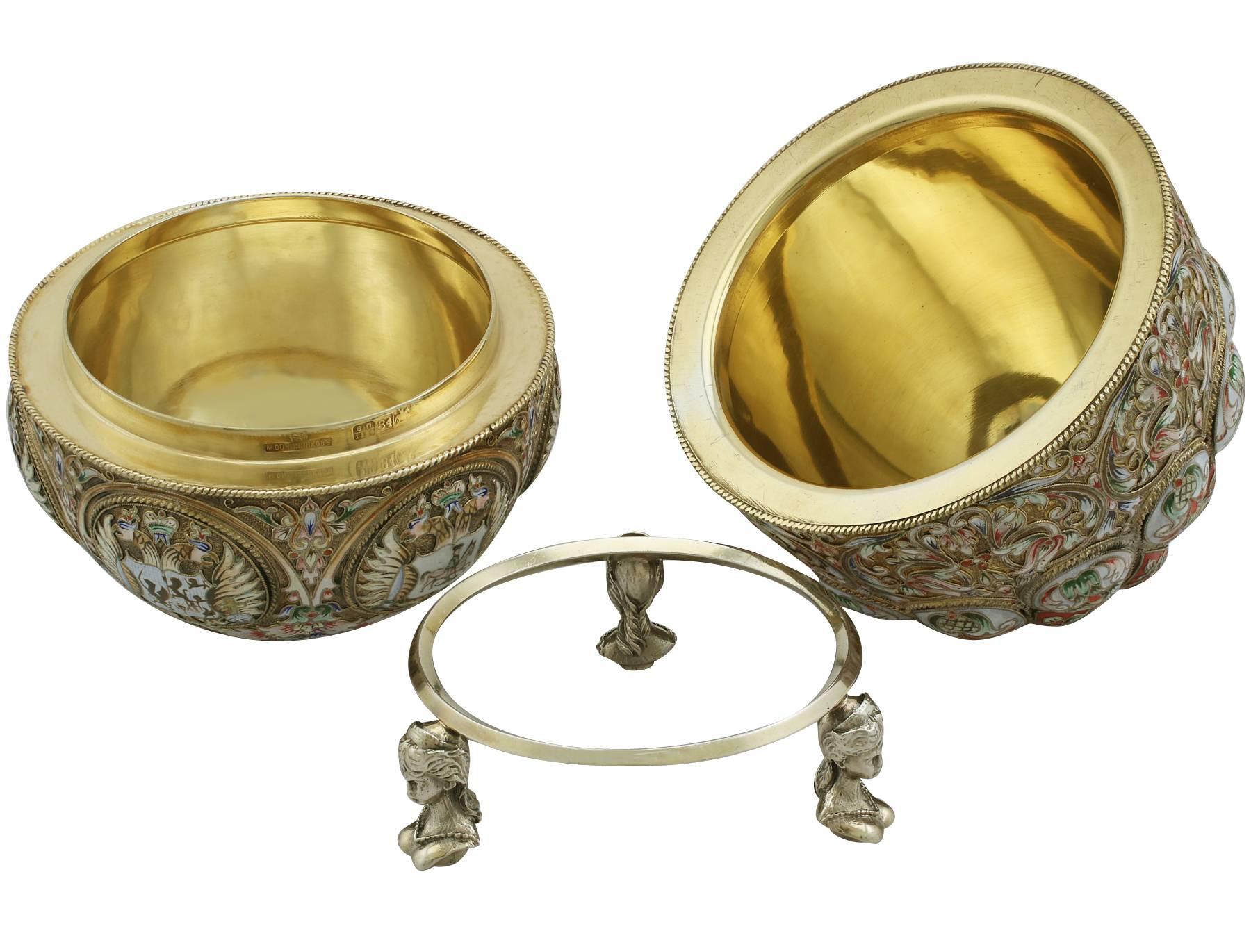 Cloissoné Antique Russian Silver Gilt and Polychrome Cloisonné Enamel Egg