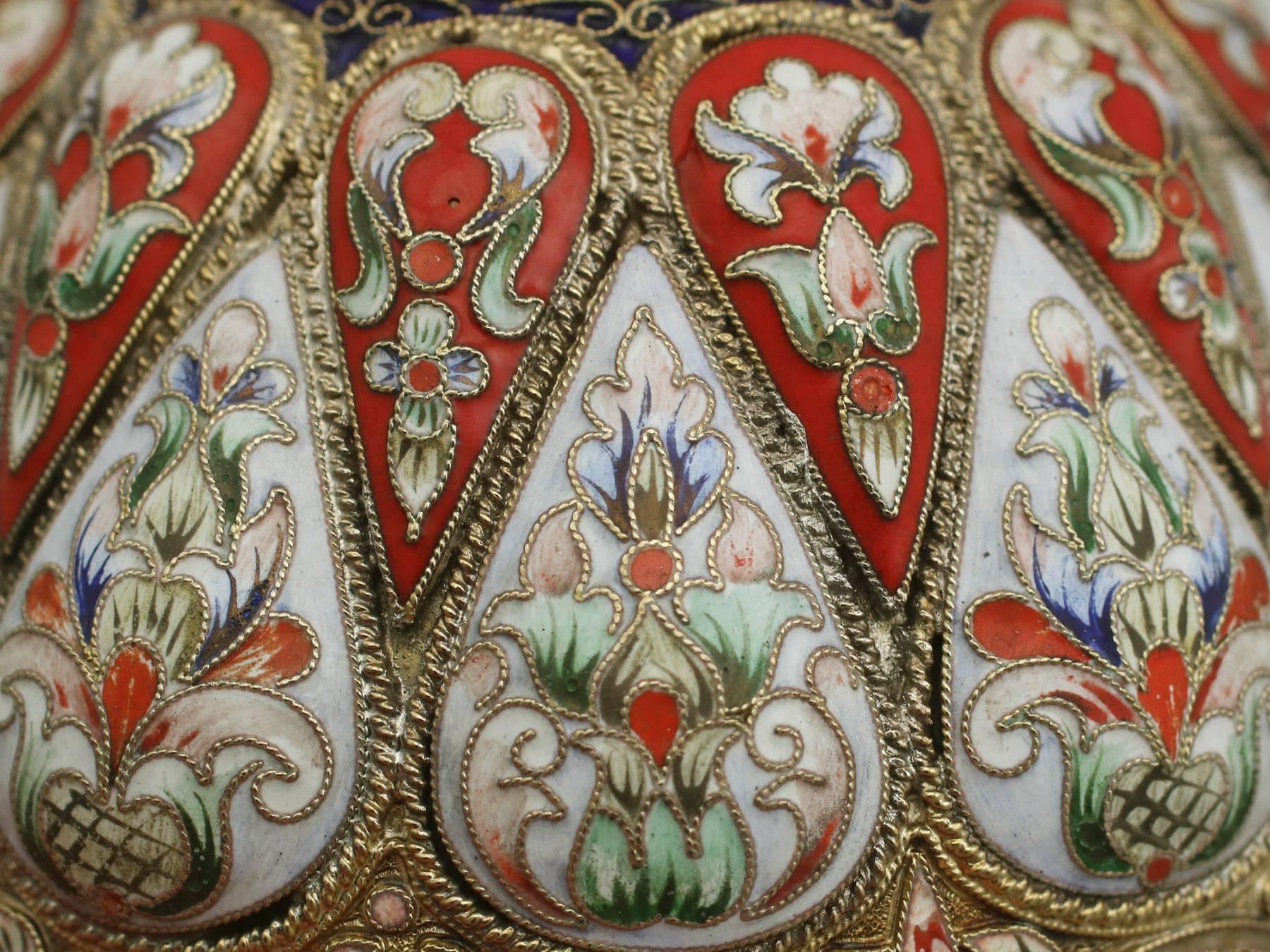 Antique Russian Silver Gilt and Polychrome Cloisonné Enamel Egg 1