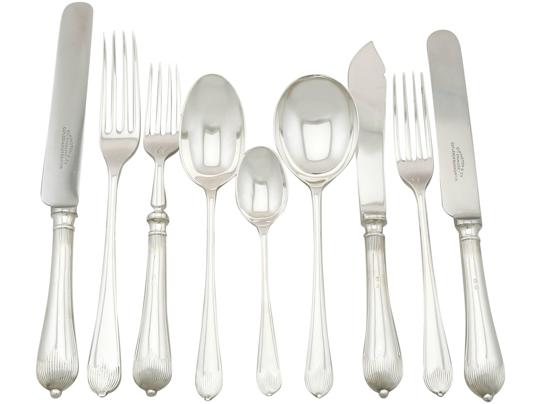

An exceptional, fine and impressive, comprehensive antique George VI English straight sterling silver Georgian pattern flatware service for 12 persons; an addition to our canteen of cutlery collection.

The pieces of this exceptional antique