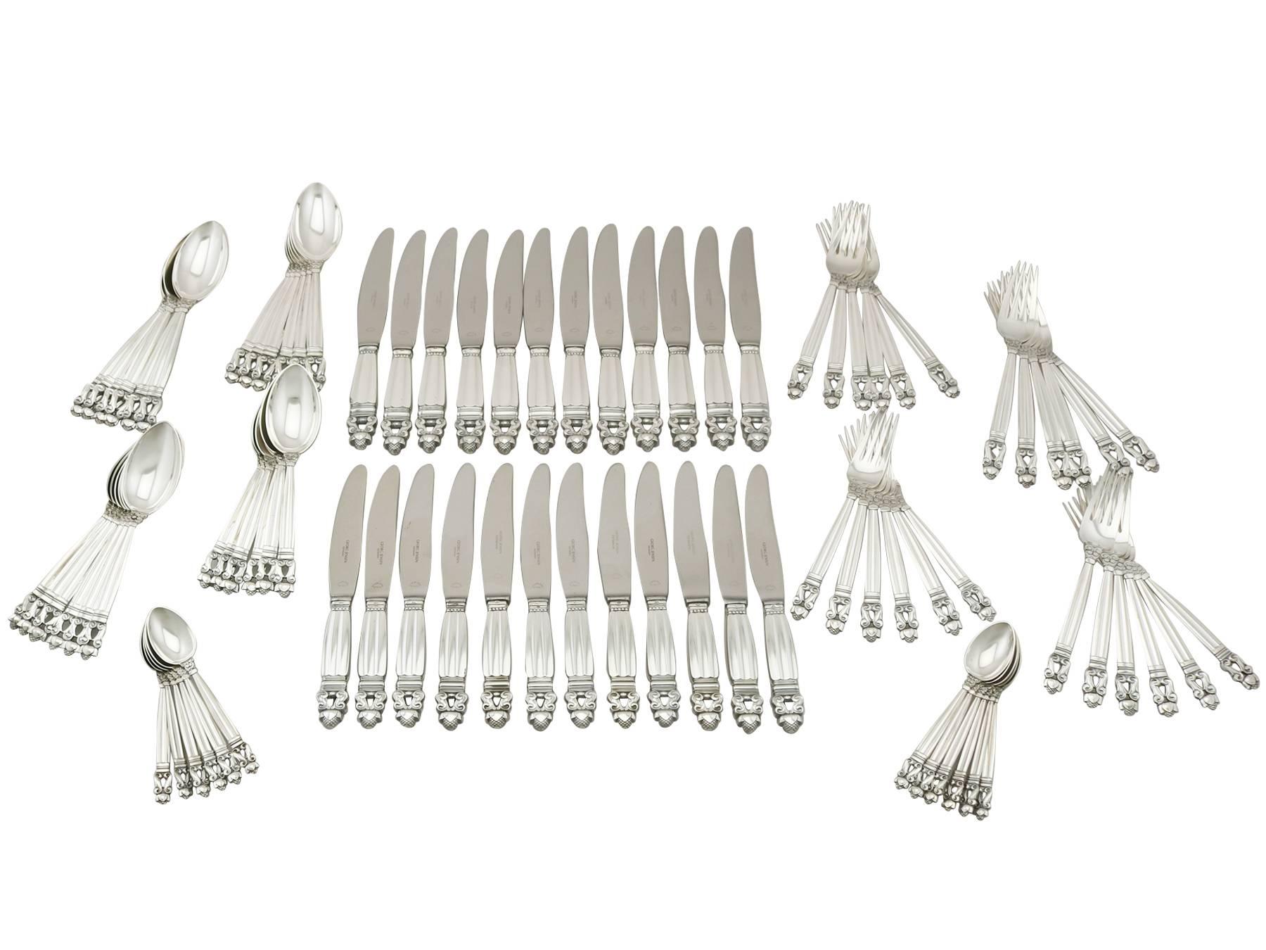 An exceptional, fine and impressive contemporary Danish sterling silver straight Acorn pattern flatware service for twelve persons, made by Georg Jensen; an addition to our canteen of cutlery collection

The pieces of this exceptional Danish