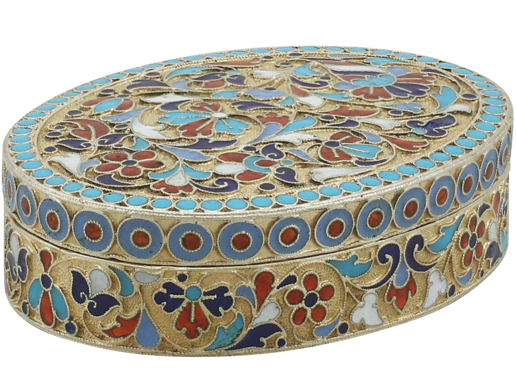 An exceptional, fine and impressive antique Russian silver gilt and polychrome cloisonné enamel box; an addition to our Russian silverware collection

This exceptional antique Russian silver gilt and polychrome cloisonné enamel box has an oval