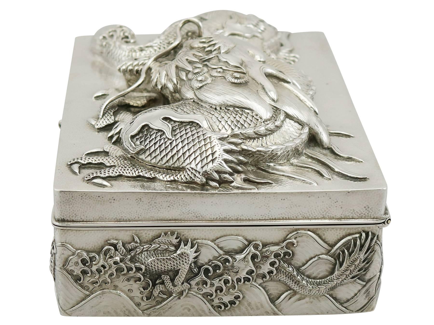 A magnificent, fine and impressive antique Chinese Export silver double skin box; an addition to our range of silver boxes and cases.

This magnificent antique Chinese silver box has a plain rectangular form.

The surface of the body is