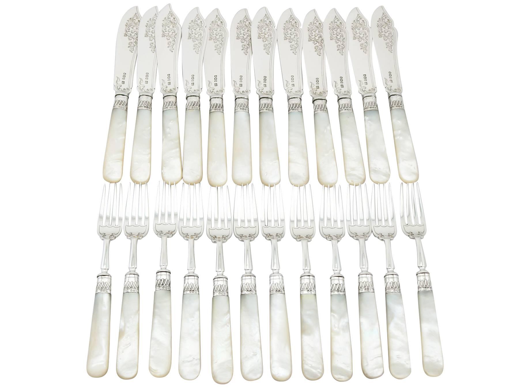 An exceptional, fine and impressive antique Victorian English sterling silver and mother-of-pearl handled fish service for twelve persons; an addition to our silver flatware collection

This exceptional antique Victorian sterling silver fish