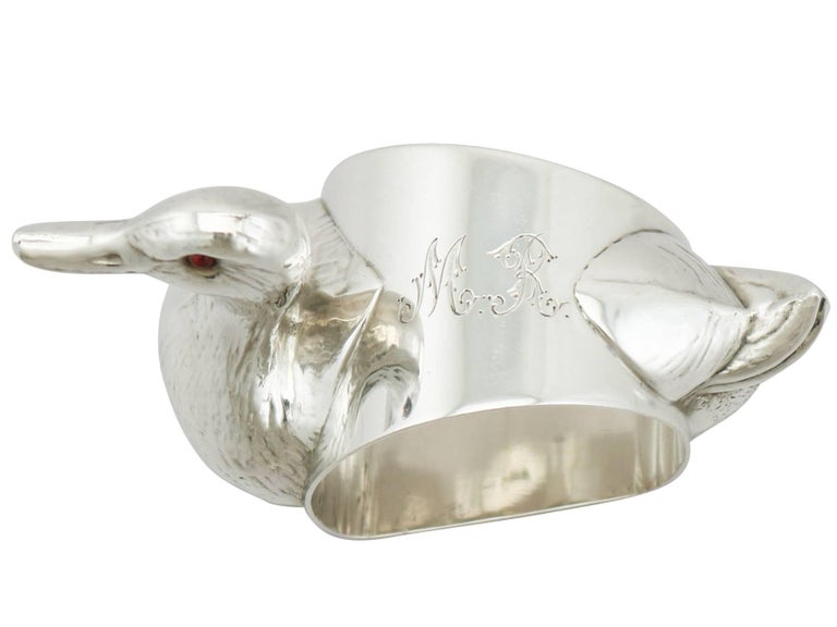 20th Century 1910s Antique George V Sterling Silver Duck Napkin Ring For Sale