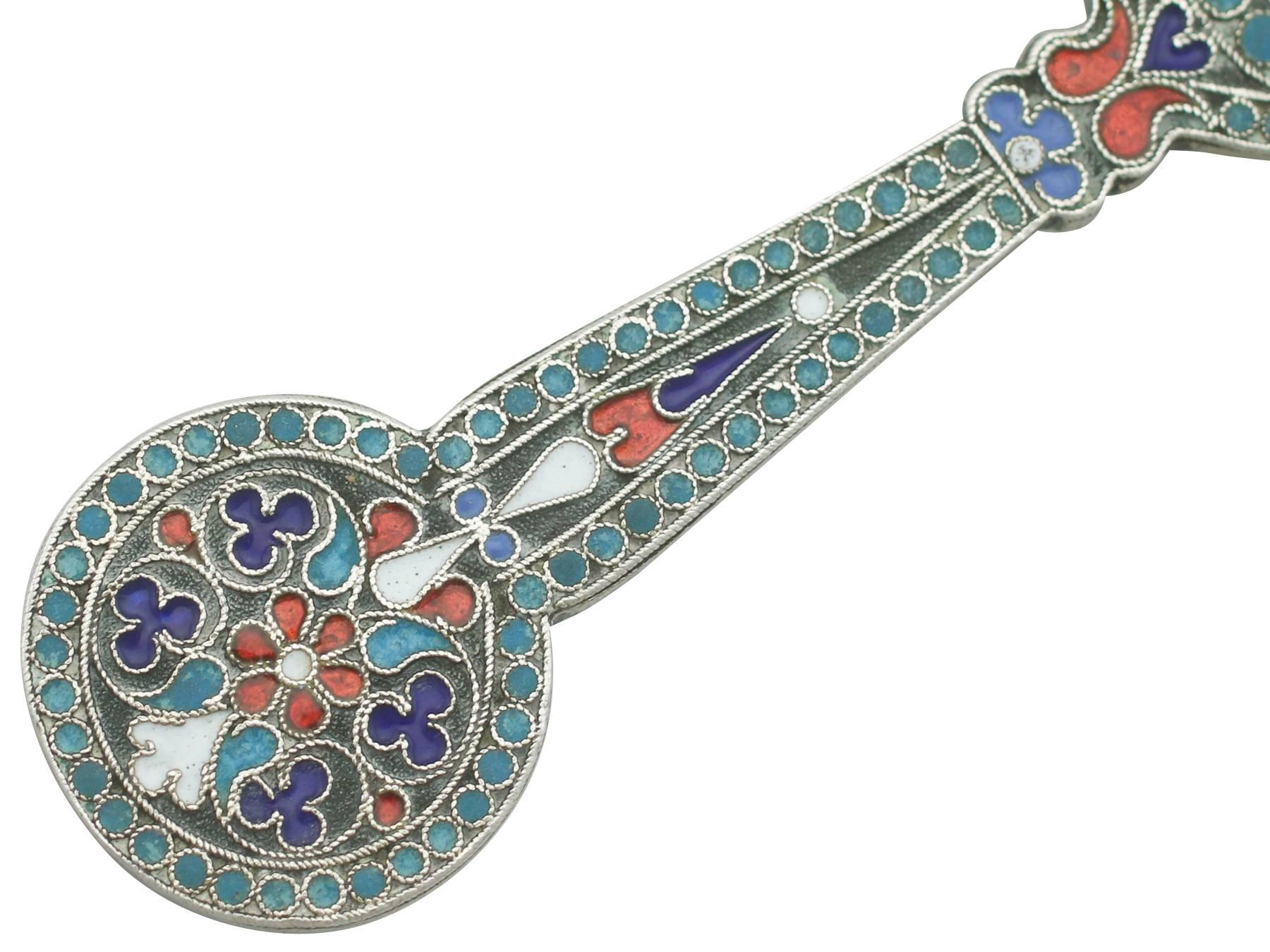 Late 19th Century 1890s Antique Russian Silver and Polychrome Cloisonne Enamel Tea Strainer