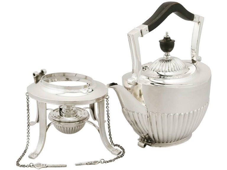 1890s Victorian Queen Anne Style Sterling Silver Spirit Tea Kettle For