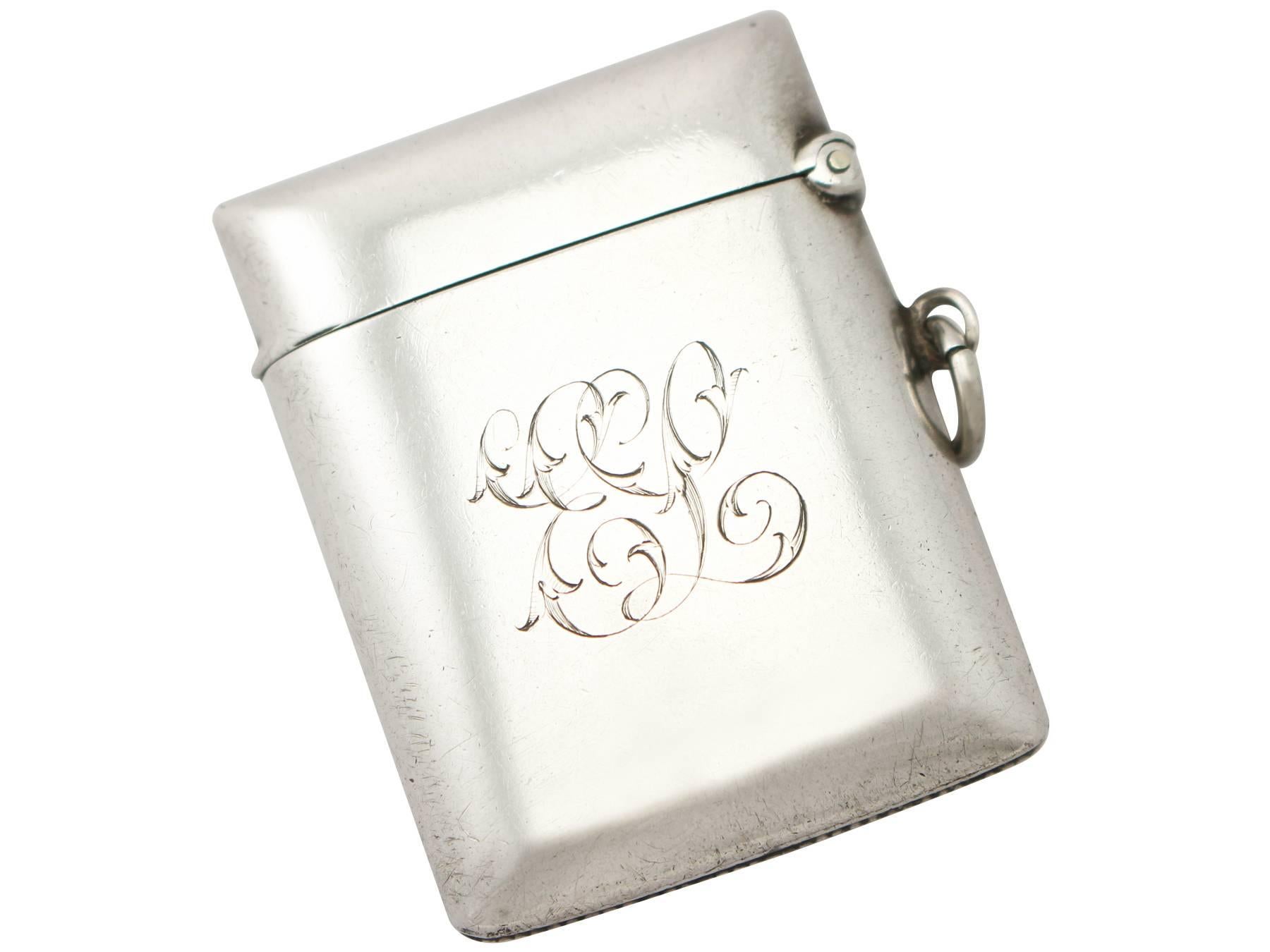 A very good antique Victorian sterling silver and enamel vesta case; an addition to our equestrian silverware collection.

This antique Victorian sterling silver vesta case has a plain rectangular rounded form.

The anterior surface is
