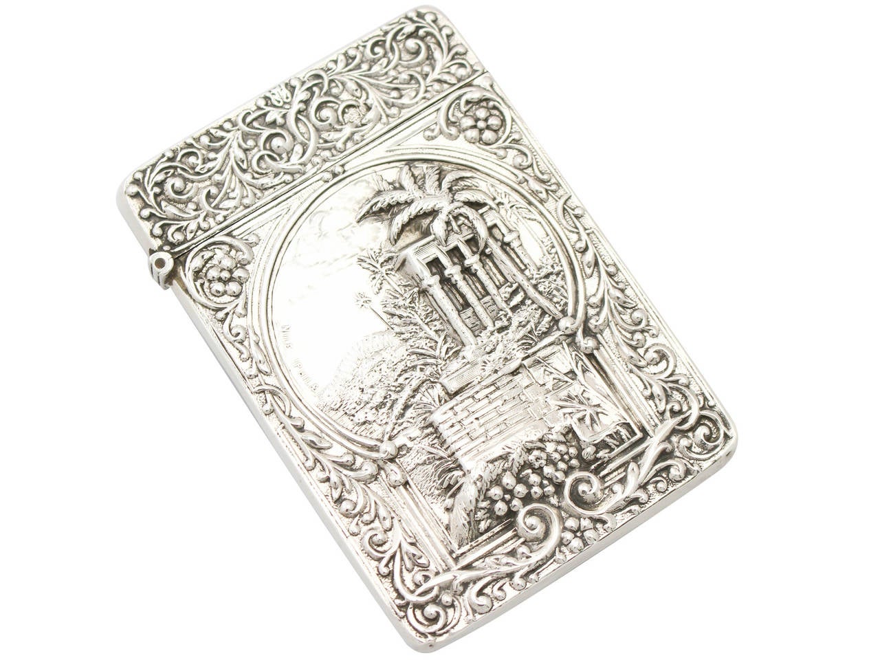A fine and impressive antique Edwardian English sterling silver castle top card case depicting the Philæ island of the Nile River - boxed; an addition to our range of collectable silverware

This fine antique Edwardian sterling silver card case