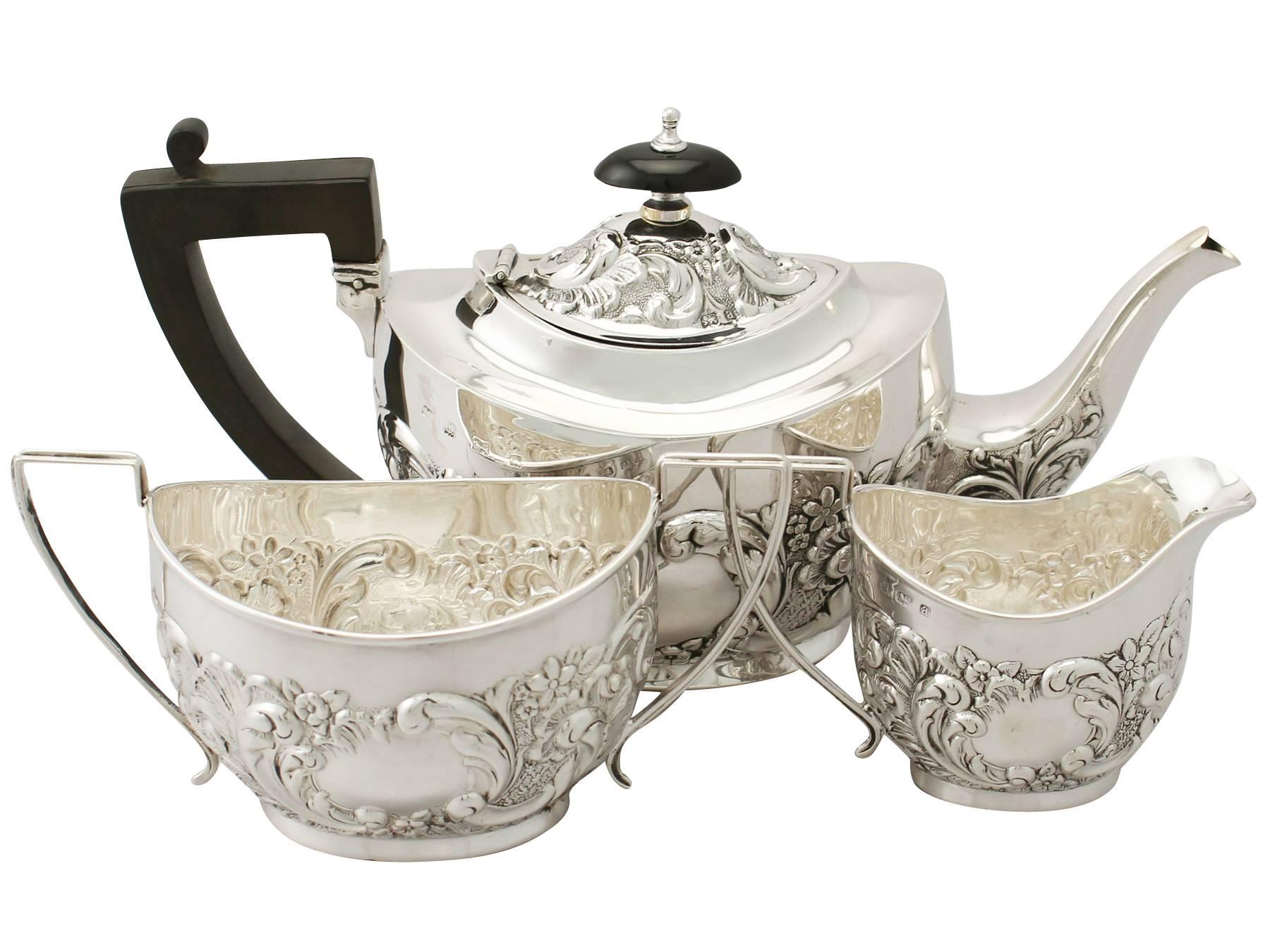 A fine and impressive antique Victorian English sterling silver three-piece tea service - boxed; an addition to our silver teaware collection.

This impressive antique sterling silver three-piece tea set / service consists of a teapot, sugar bowl